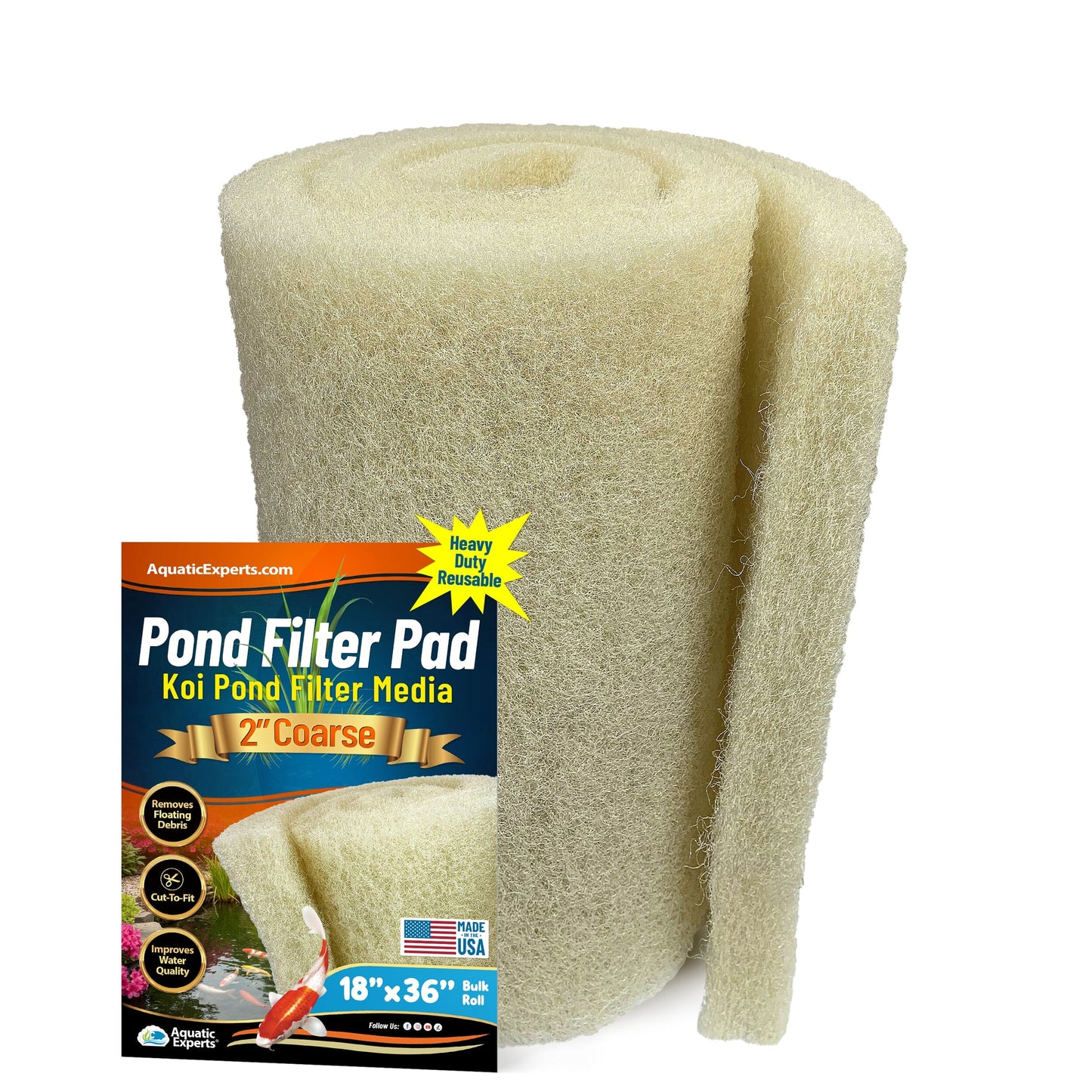 Cream COARSE Koi Pond Filter Pad - 2" Thick Bulk Roll Filter Media for Water Gardens - Made in USA 18" x 36" Aquatic Experts