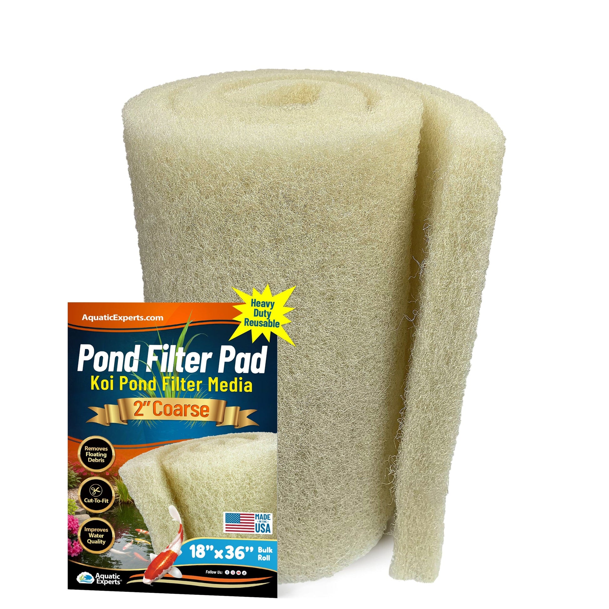 Cream COARSE Koi Pond Filter Pad - 2" Thick Bulk Roll Filter Media for Water Gardens - Made in USA 18" x 36" Aquatic Experts