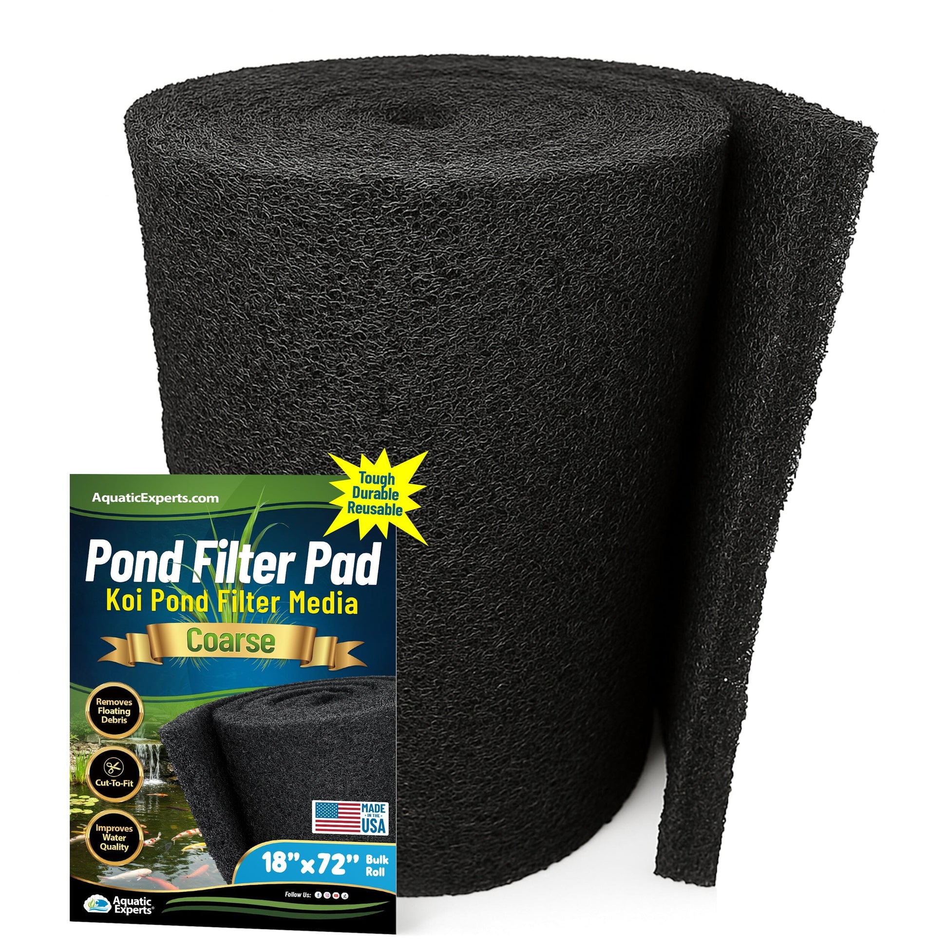 Classic Koi Pond Filter Pad COARSE - Black Bulk Roll Filter Media, Ultra-Durable Latex Coated for Fish Ponds 1" Thick 18" x 72" Aquatic Experts