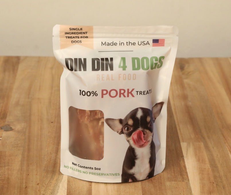 100% Pork Dog Treats, 5 Ounce Bag, Single Ingredient, High Protein Treat Din Din 4 Dogs