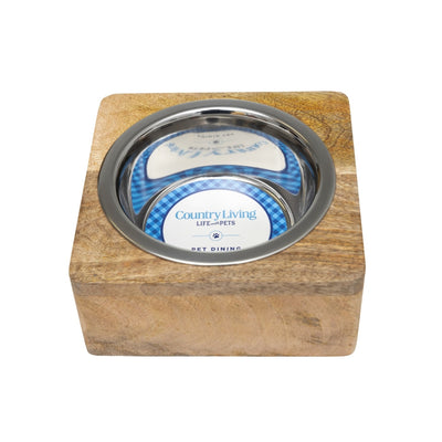 Country Living Elegant Stainless Steel Dog Bowl with Square Mango Wood Holder – 1 Quart Mangowood Bowls American Pet Supplies