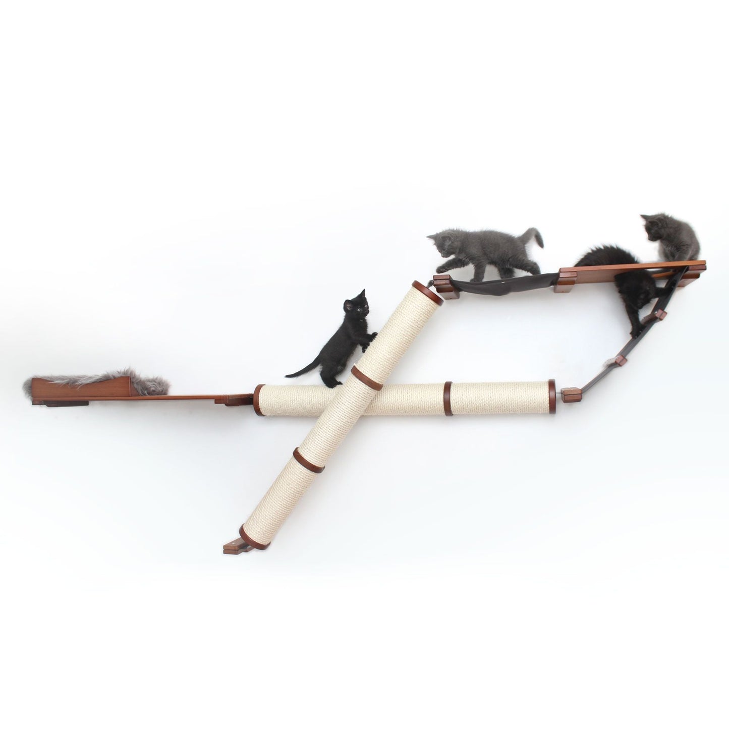 The Plateau - Horizontal Cat Scratcher Bed Set English Chestnut Bamboo Charcoal Gray Canvas Cat Scratcher Catastrophic Creations