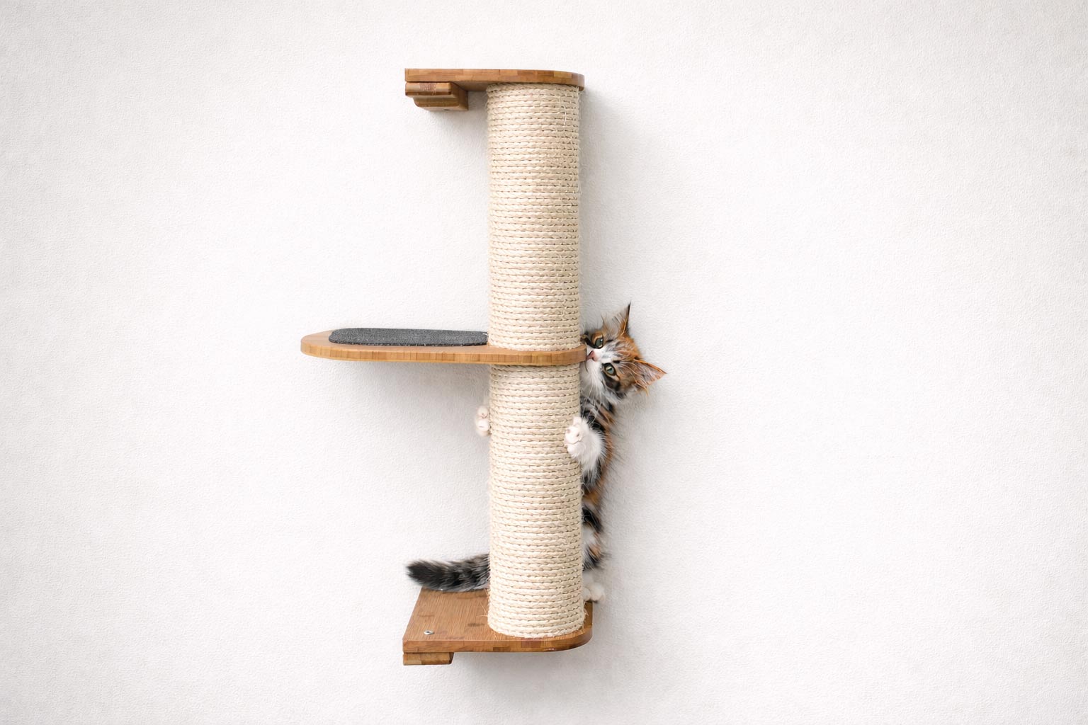 Wall Mounted Cat Climbing Pole - Sisal Natural Bamboo 2-Tier Leaf Shelf Charcoal Cork Pad Cat Scratcher Catastrophic Creations