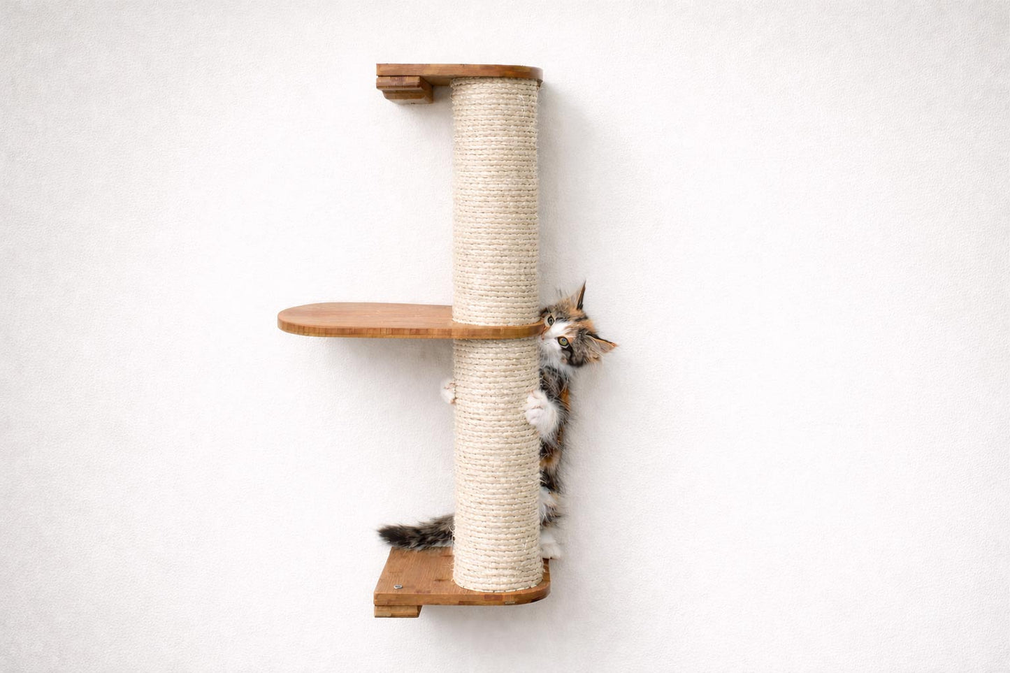 Wall Mounted Cat Climbing Pole - Sisal Natural Bamboo 2-Tier Leaf Shelf No Cork Pad Cat Scratcher Catastrophic Creations
