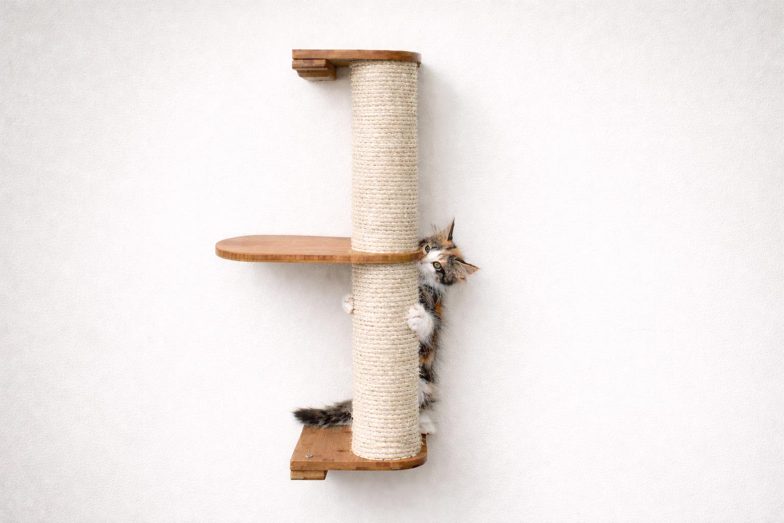 Wall Mounted Cat Climbing Pole - Sisal Natural Bamboo 2-Tier Leaf Shelf No Cork Pad Cat Scratcher Catastrophic Creations