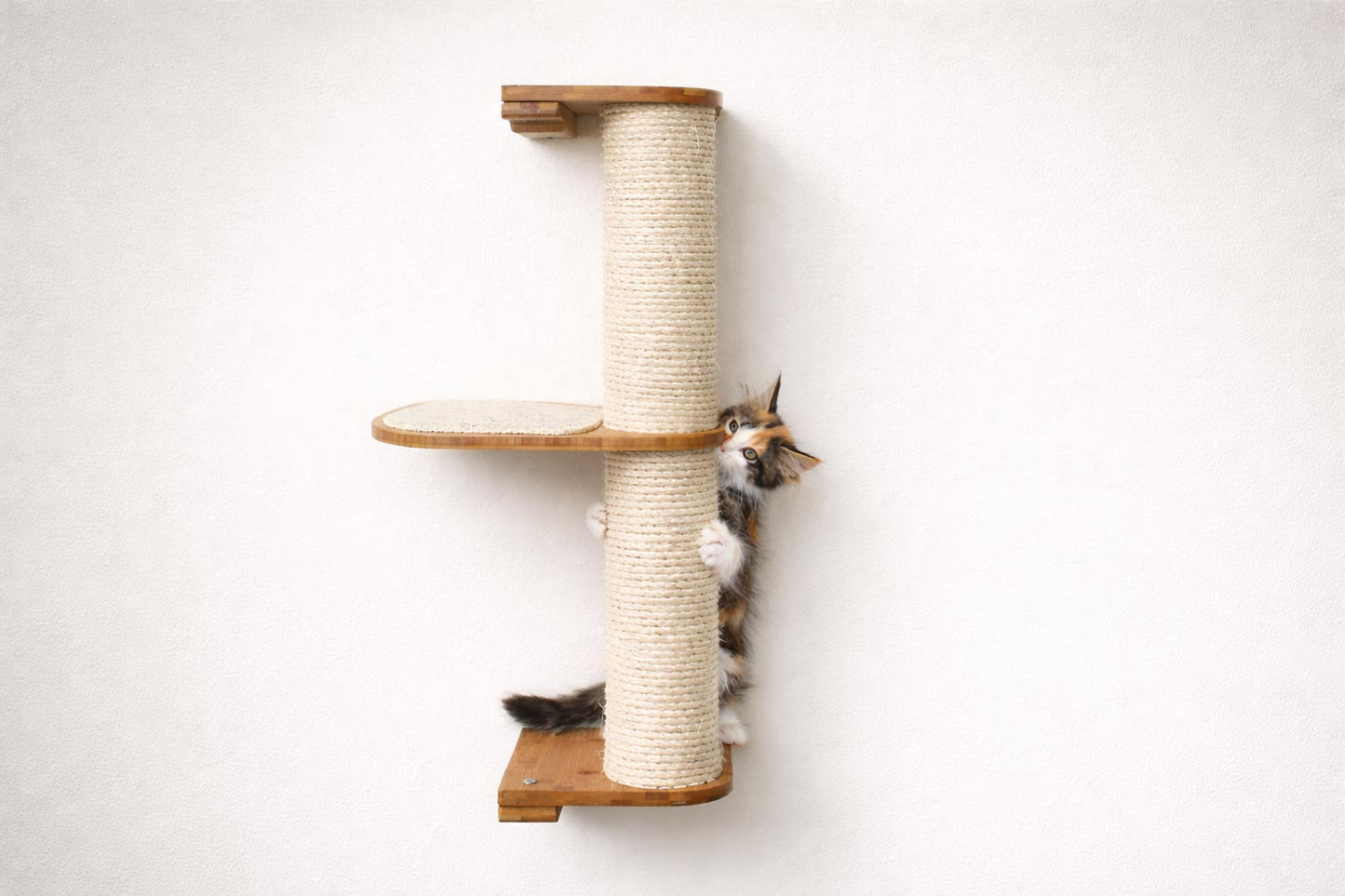 Wall Mounted Cat Climbing Pole - Sisal Natural Bamboo 2-Tier Leaf Shelf Natural Cork Pad Cat Scratcher Catastrophic Creations