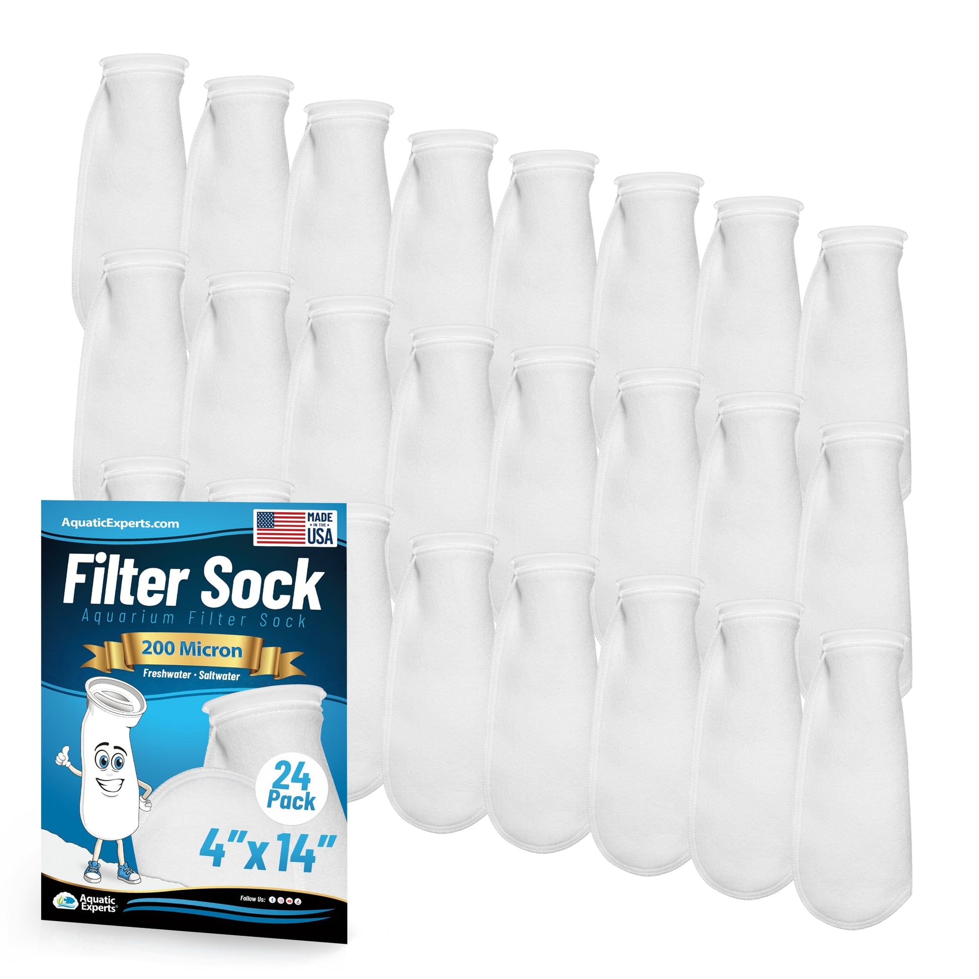 Aquatic Experts 4" Ring Aquarium Filter Sock 200 Micron for Saltwater & Reef Aquariums 14" 24 Pack Aquatic Experts