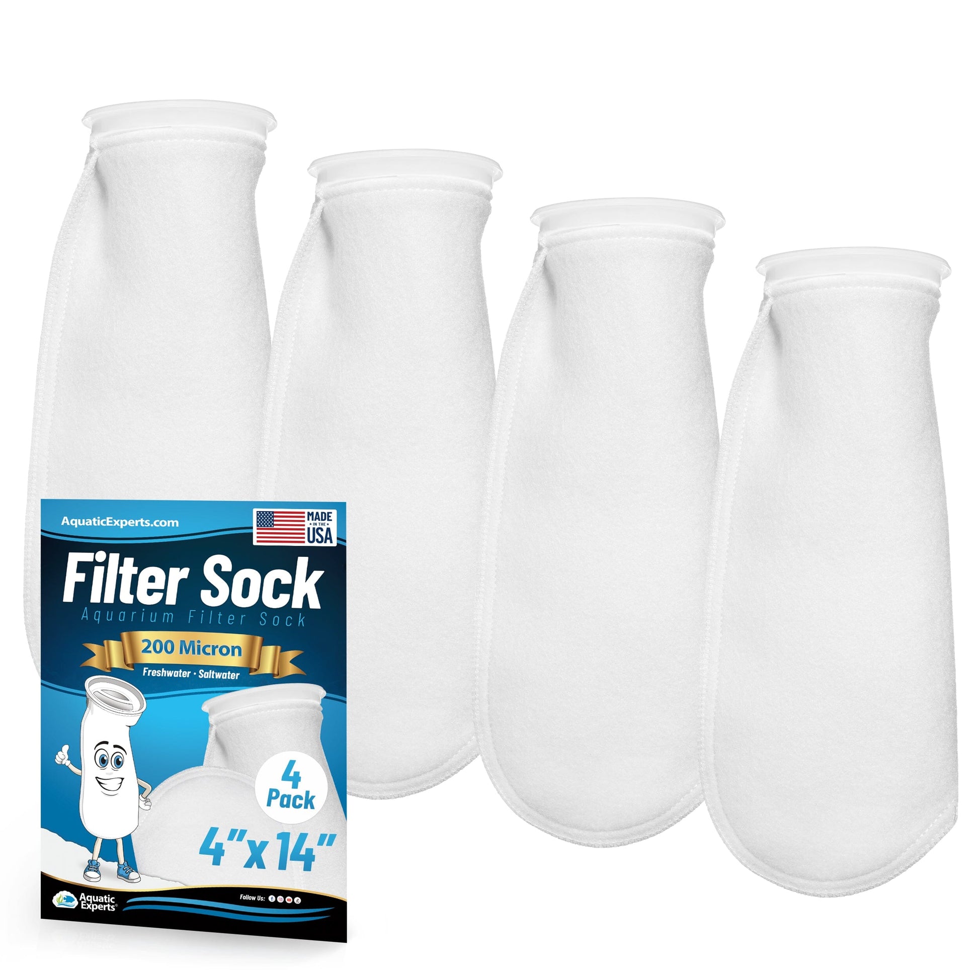 Aquatic Experts 4" Ring Aquarium Filter Sock 200 Micron for Saltwater & Reef Aquariums 14" 4 Pack Aquatic Experts