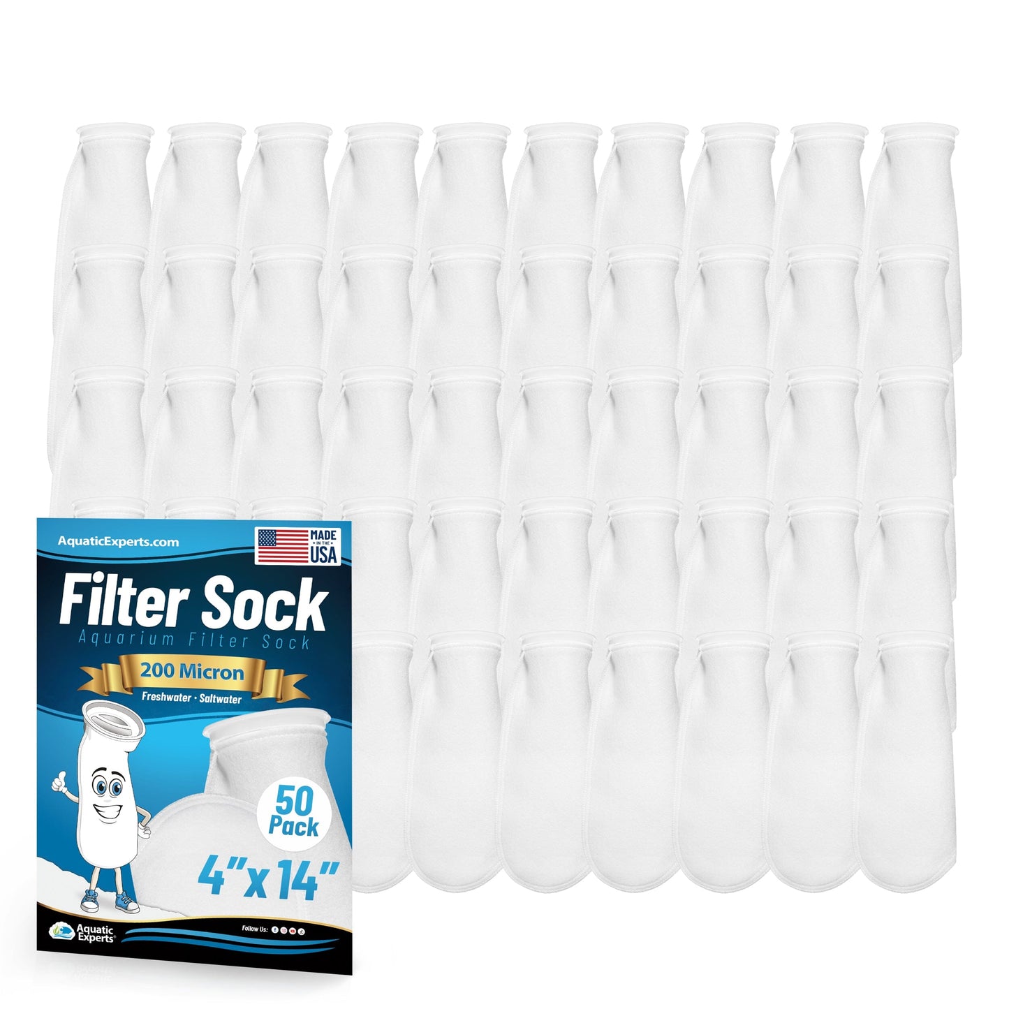 Aquatic Experts 4" Ring Aquarium Filter Sock 200 Micron for Saltwater & Reef Aquariums 14" 50 Pack Aquatic Experts