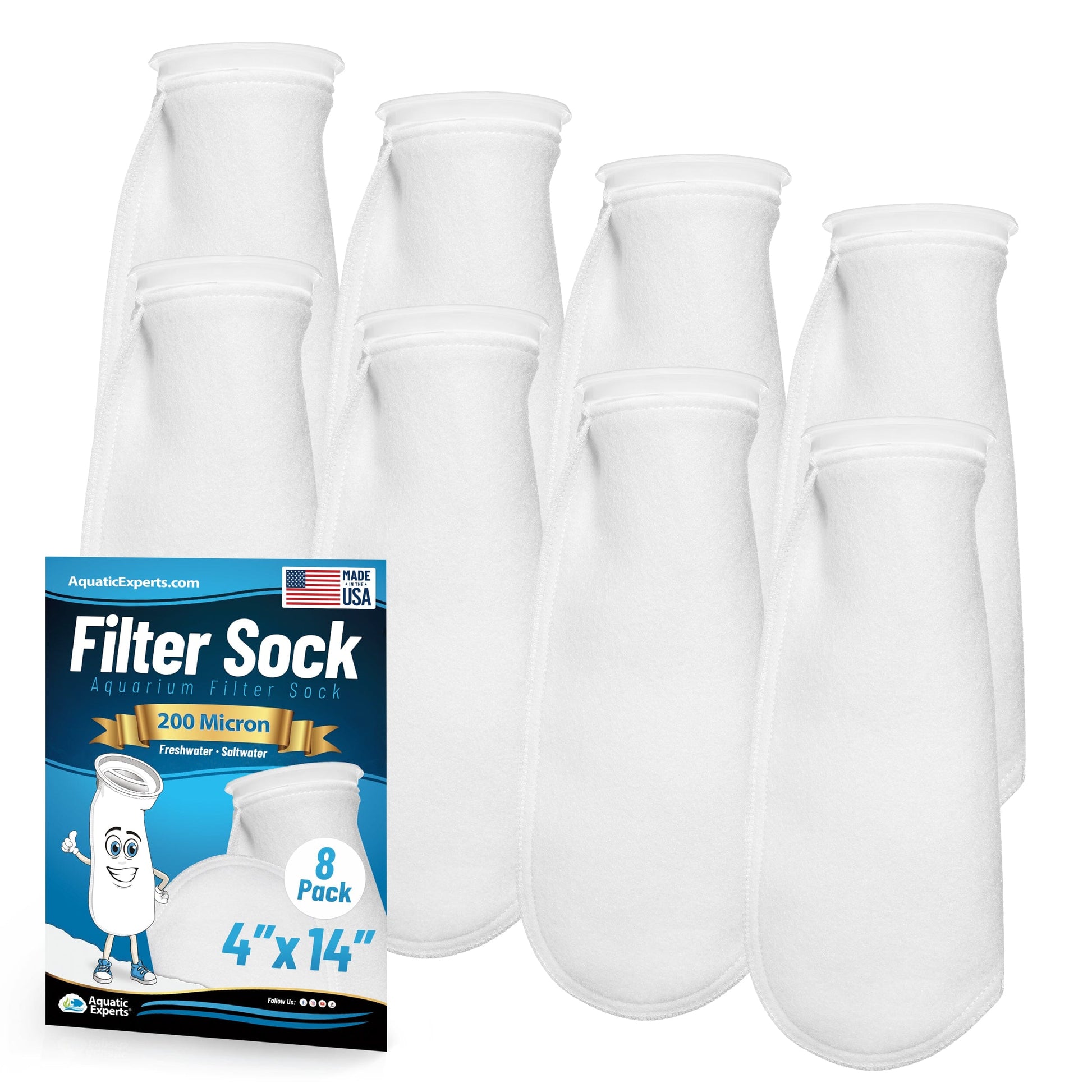 Aquatic Experts 4" Ring Aquarium Filter Sock 200 Micron for Saltwater & Reef Aquariums 14" 8 Pack Aquatic Experts