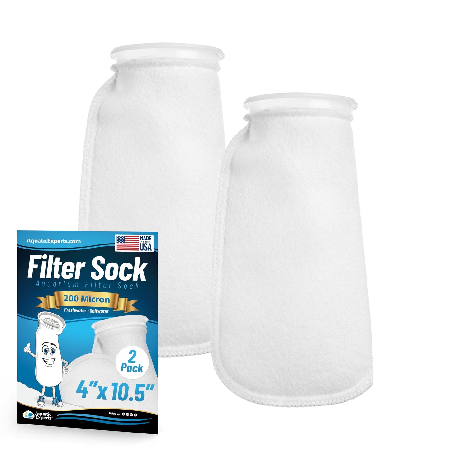 Aquatic Experts 4" Ring Aquarium Filter Sock 200 Micron for Saltwater & Reef Aquariums 10.5" 2 Pack Aquatic Experts