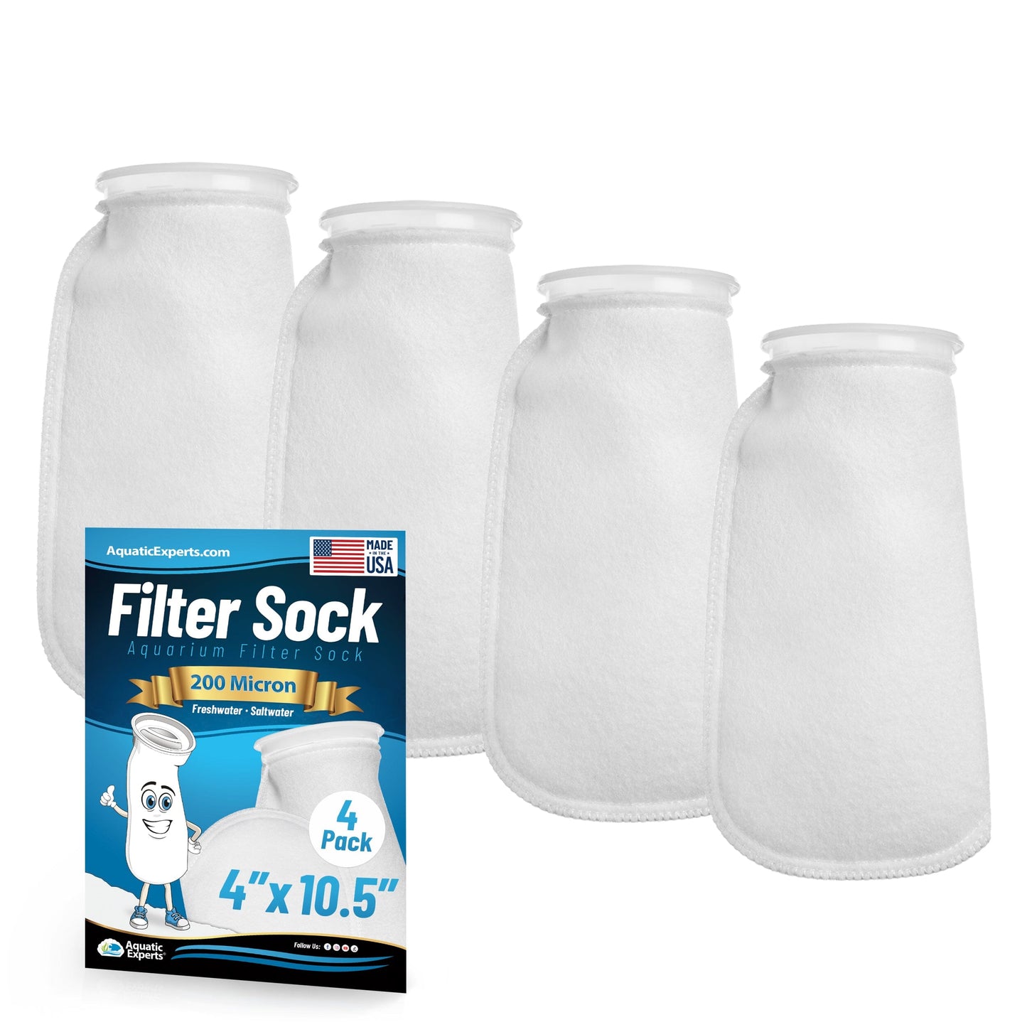 Aquatic Experts 4" Ring Aquarium Filter Sock 200 Micron for Saltwater & Reef Aquariums 10.5" 4 Pack Aquatic Experts