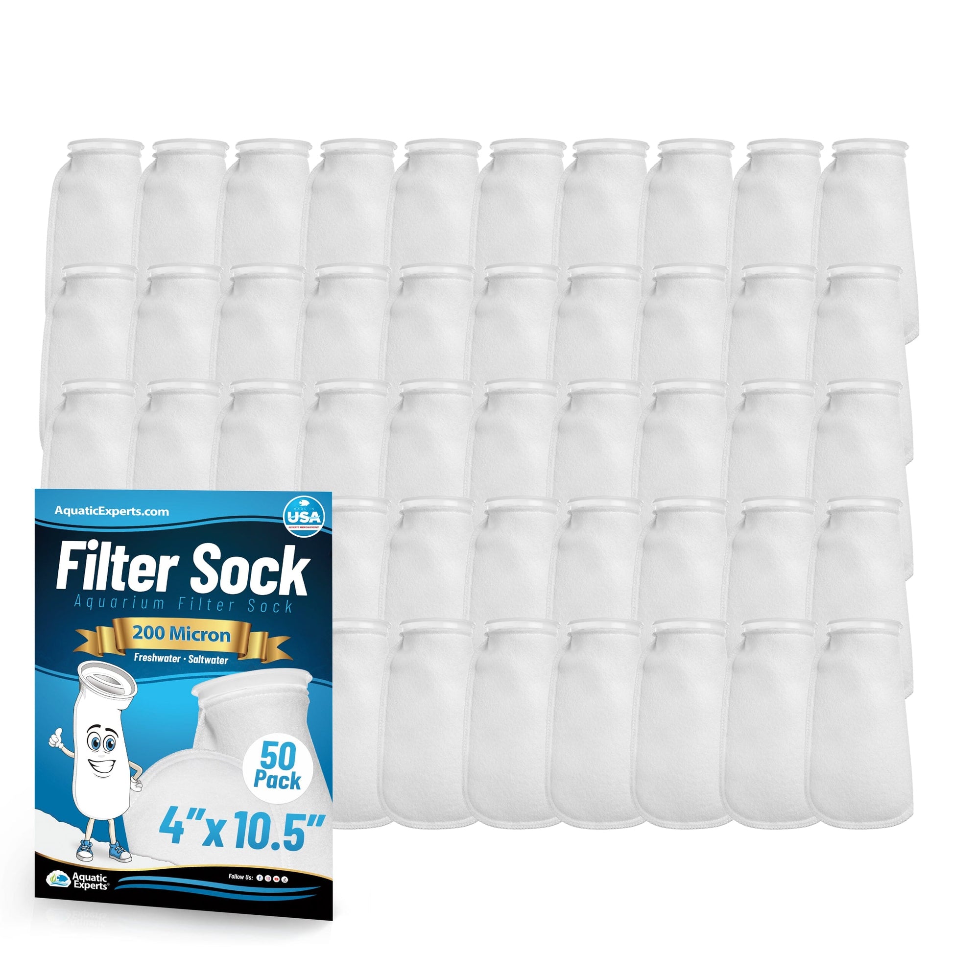 Aquatic Experts 4" Ring Aquarium Filter Sock 200 Micron for Saltwater & Reef Aquariums 10.5" 50 Pack Aquatic Experts