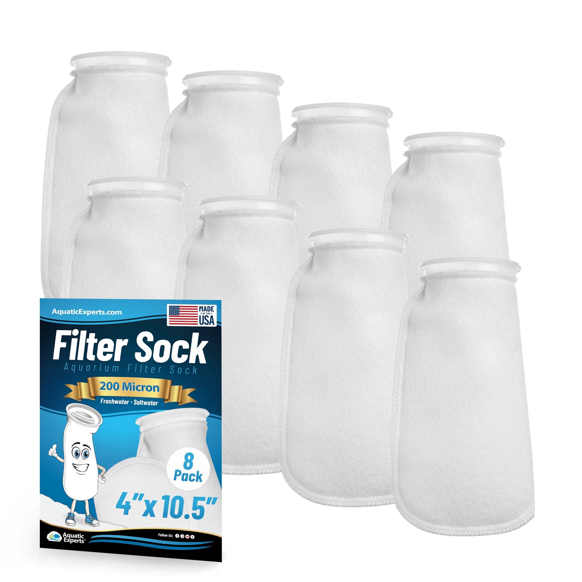 Aquatic Experts 4" Ring Aquarium Filter Sock 200 Micron for Saltwater & Reef Aquariums 10.5" 8 Pack Aquatic Experts