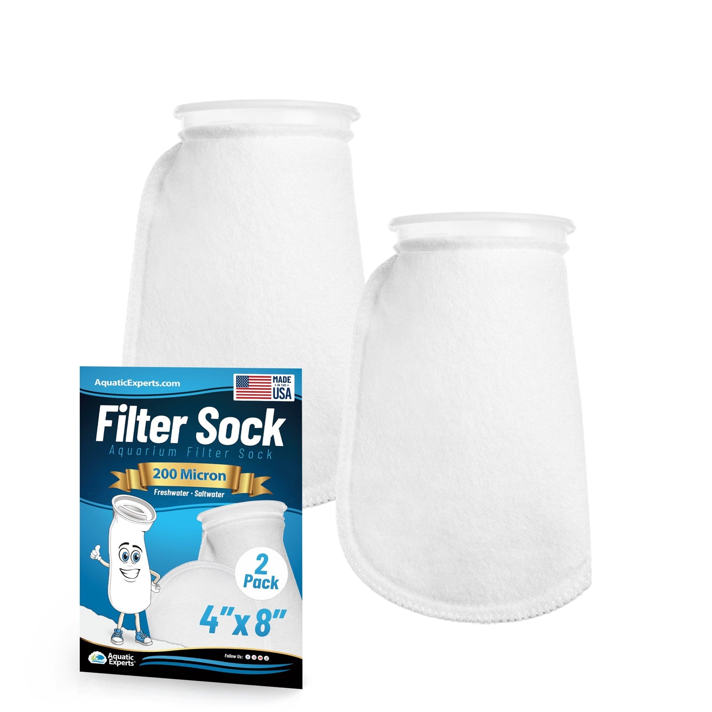 Aquatic Experts 4" Ring Aquarium Filter Sock 200 Micron for Saltwater & Reef Aquariums 8" 2 Pack Aquatic Experts