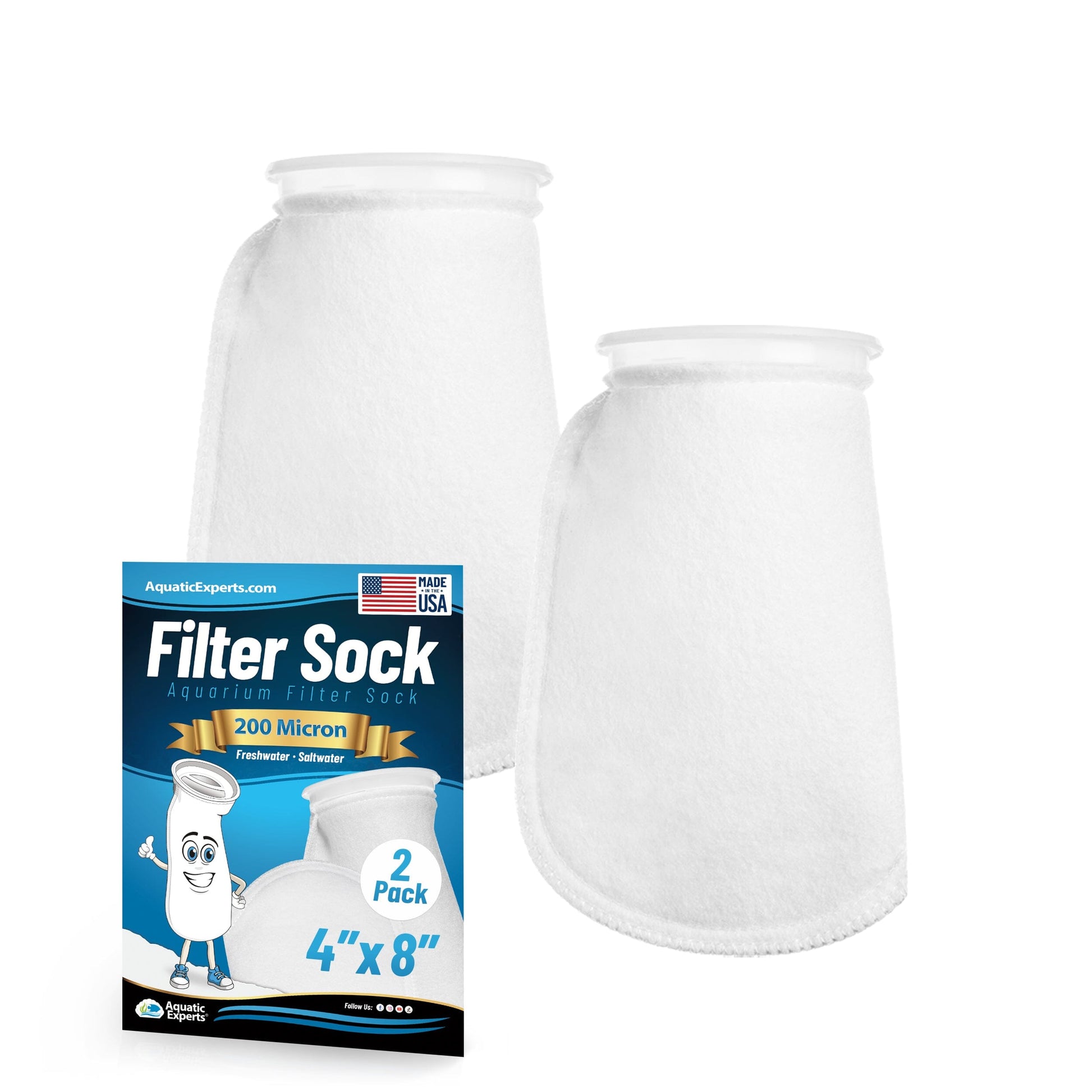 Aquatic Experts 4" Ring Aquarium Filter Sock 200 Micron for Saltwater & Reef Aquariums 8" 2 Pack Aquatic Experts