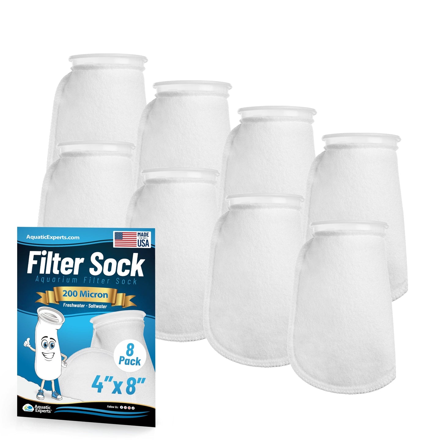 Aquatic Experts 4" Ring Aquarium Filter Sock 200 Micron for Saltwater & Reef Aquariums 8" 8 Pack Aquatic Experts