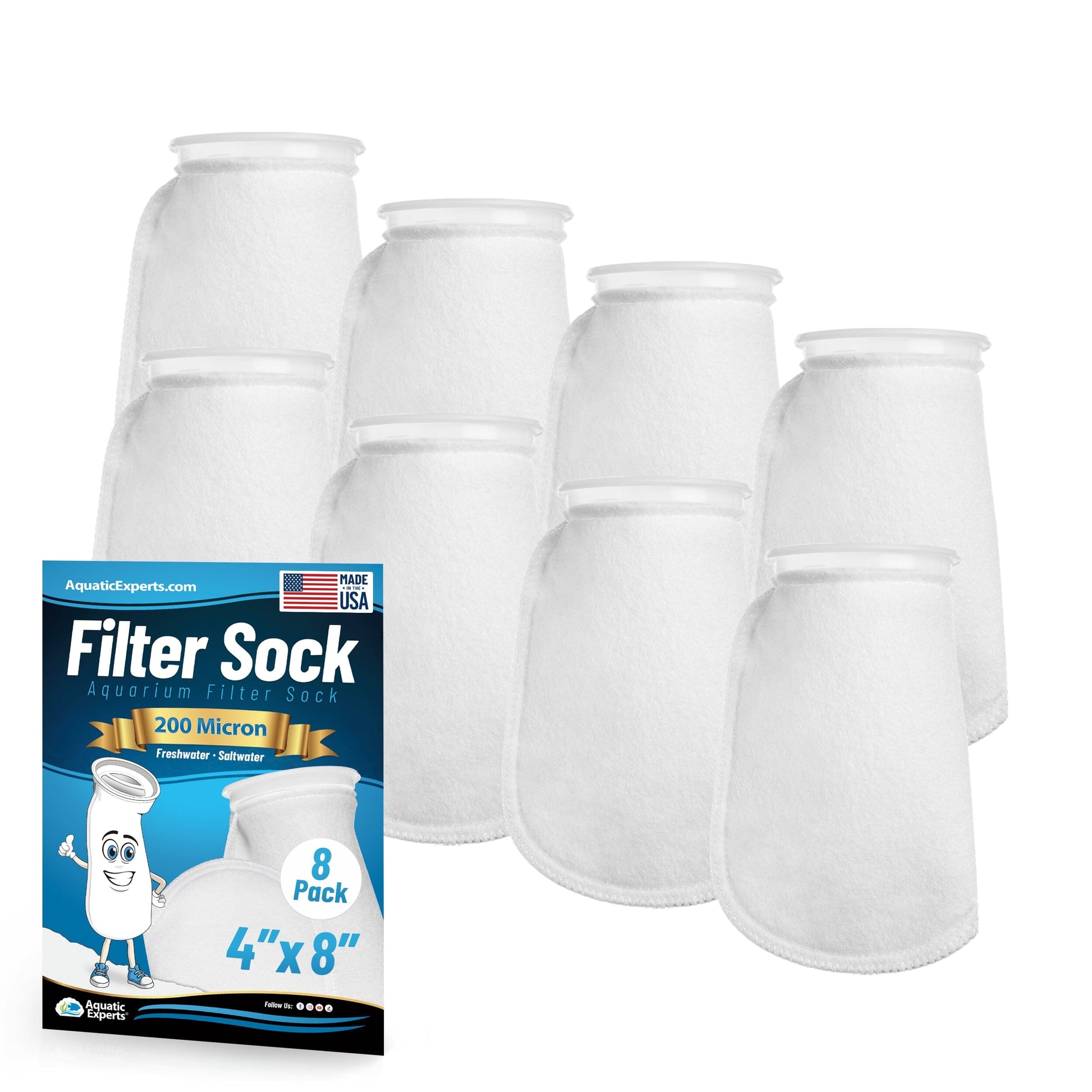 Aquatic Experts 4" Ring Aquarium Filter Sock 200 Micron for Saltwater & Reef Aquariums 8" 8 Pack Aquatic Experts