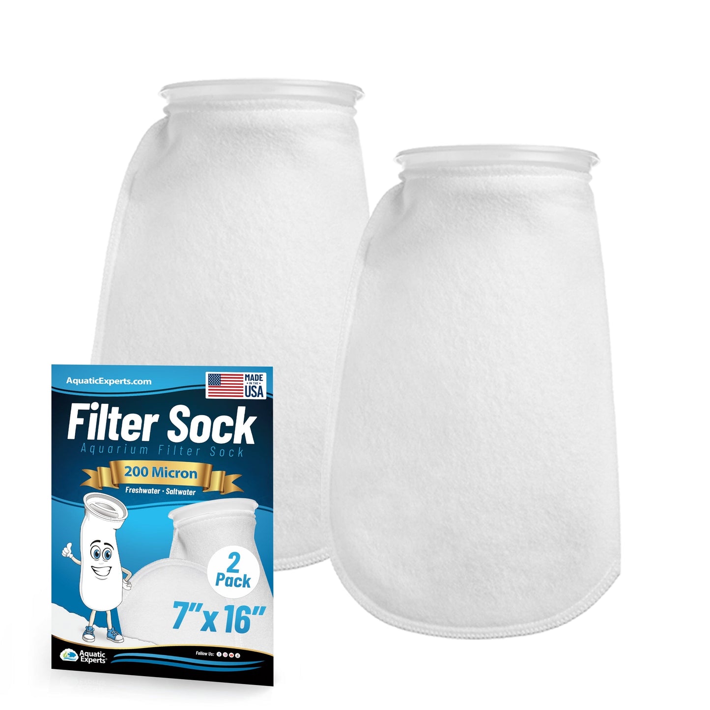 Aquatic Experts 7" Ring Aquarium Filter Sock 200 Micron for Saltwater & Reef Aquariums 16" 2 Pack Aquatic Experts
