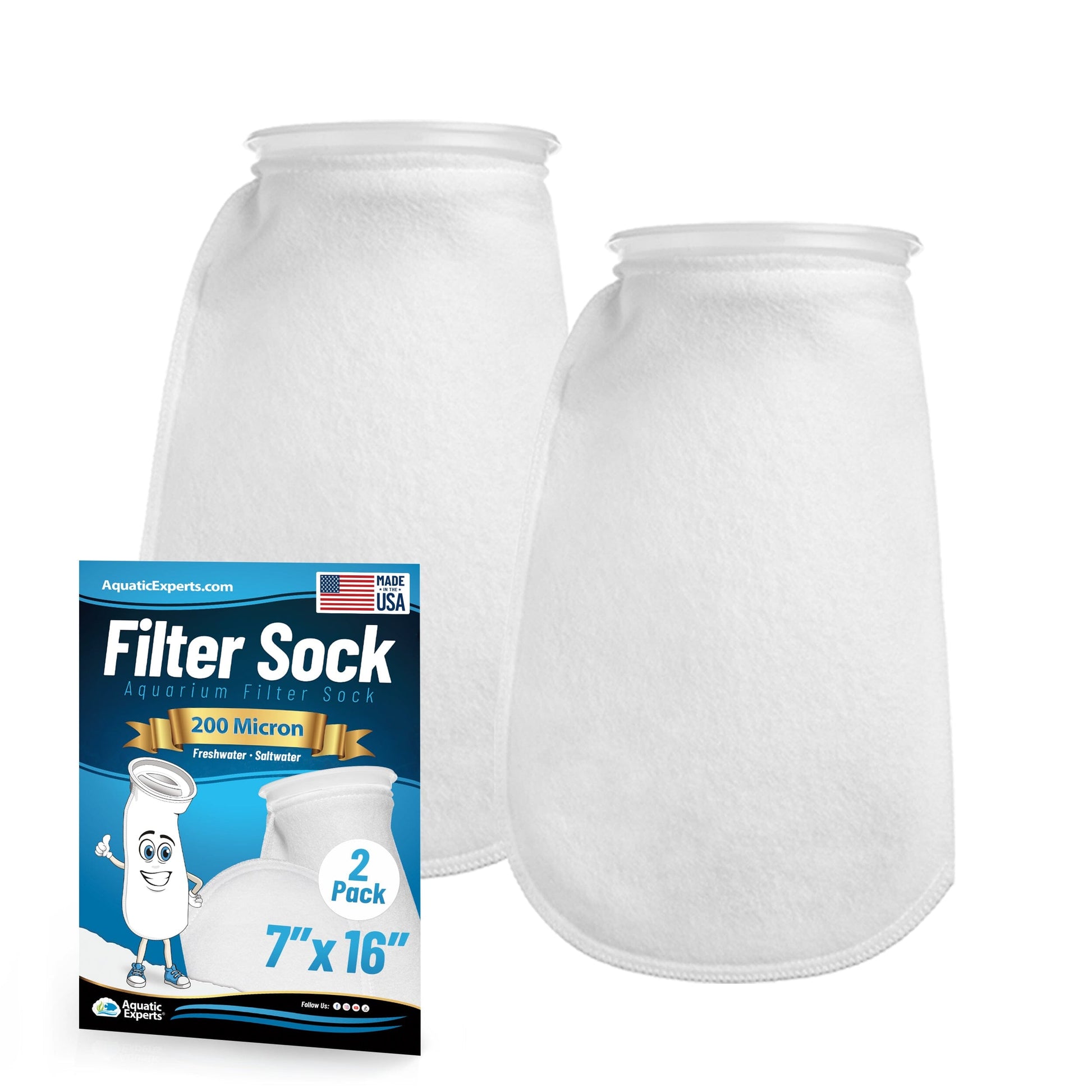Aquatic Experts 7" Ring Aquarium Filter Sock 200 Micron for Saltwater & Reef Aquariums 16" 2 Pack Aquatic Experts