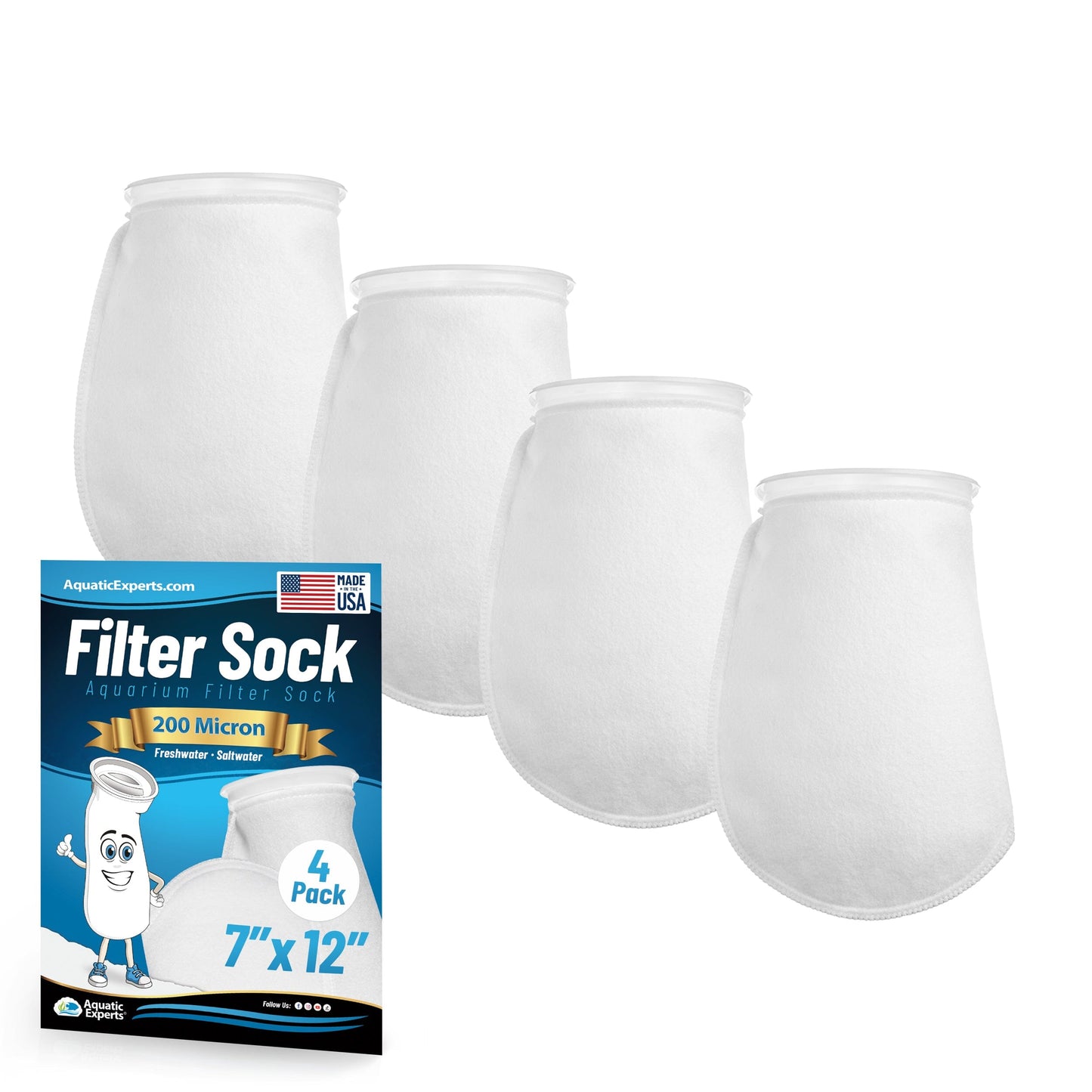 Aquatic Experts 7" Ring Aquarium Filter Sock 200 Micron for Saltwater & Reef Aquariums 12" 4 Pack Aquatic Experts