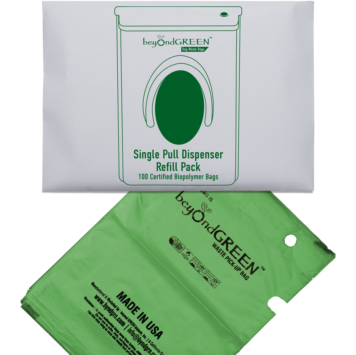 beyondGREEN Dog Waste Bags – Single-Pull Dispenser Refill Pack – Made in USA, Leak-Resistant, One-At-A-Time Dispensing (100 Bags per Pack) Dog Waste Bags beyondGREEN biotech™
