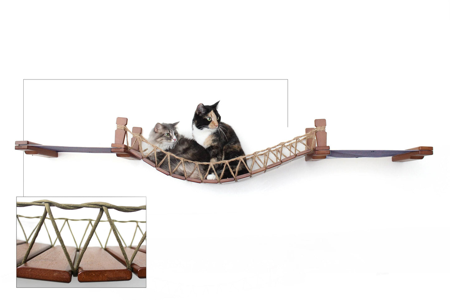 Double Cat Hammock and Climbing Bridge Combo English Chestnut Bamboo Charcoal Gray Canvas 34" Cat Bridge Catastrophic Creations