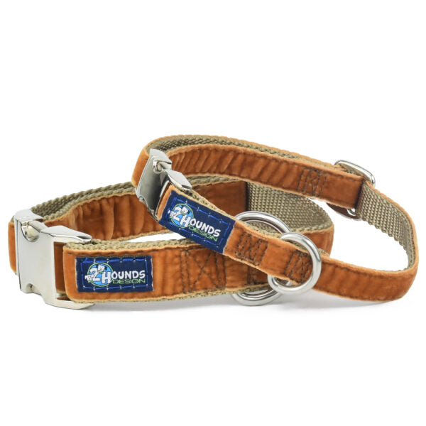Antique Gold Velvet Essential Martingale Dog Collar 2 Hounds Design