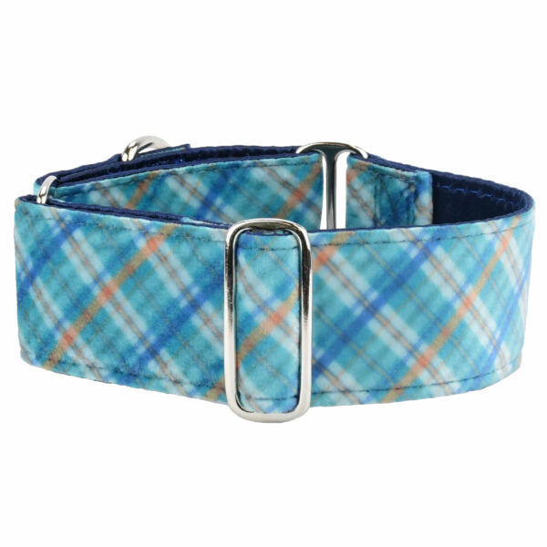 Blue Plaid Elite Velvet Martingale Dog Collar 2 inch wide 2 Hounds Design