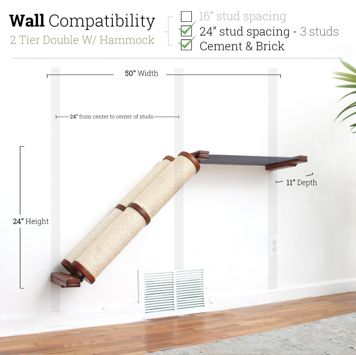 Slanted Cat Scratcher for Wall English Chestnut Bamboo 2-Tier Double Charcoal Gray Canvas Cat Scratcher Catastrophic Creations