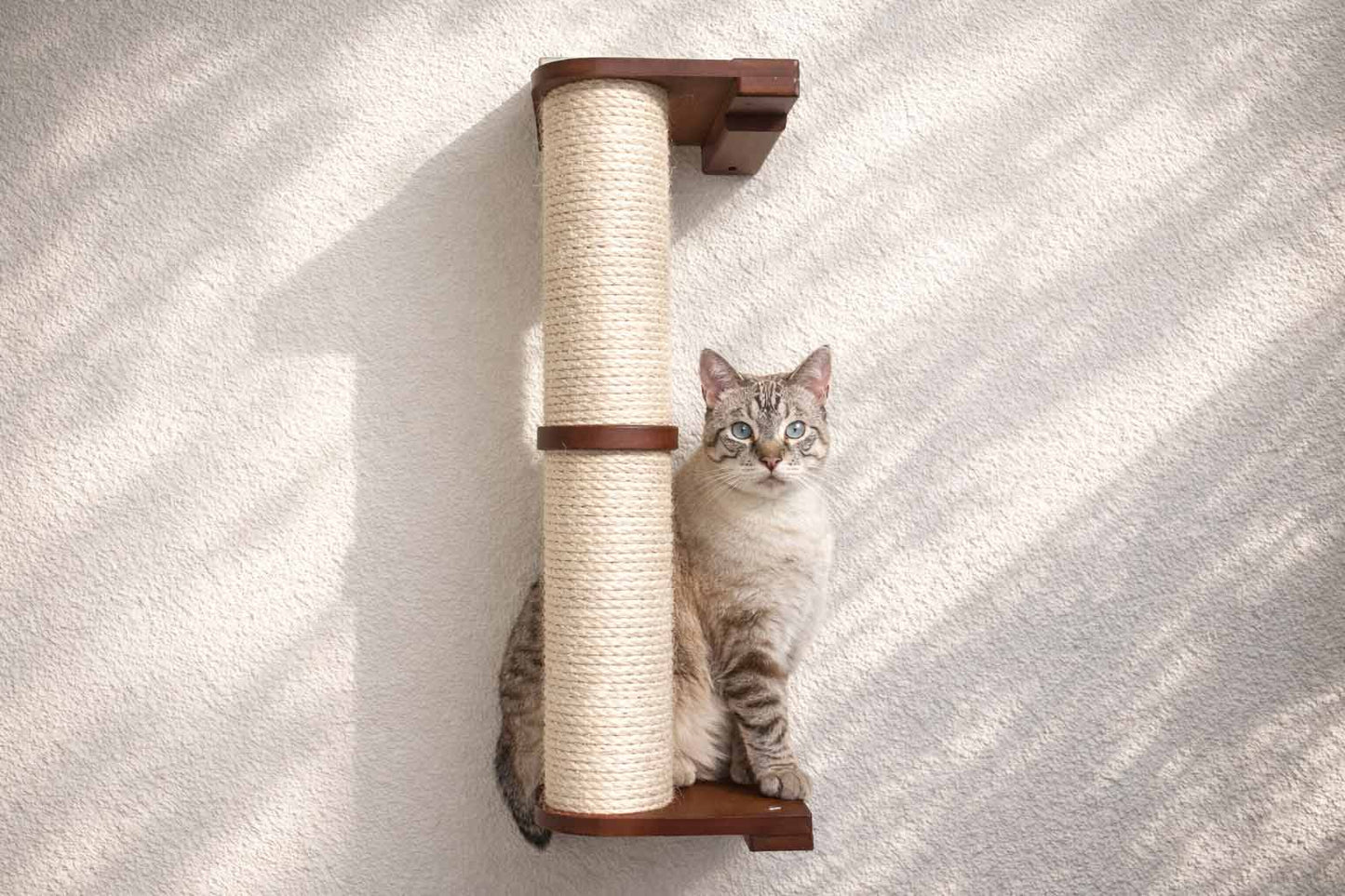 Wall Mounted Cat Climbing Pole - Sisal English Chestnut Bamboo 2-Tier No Leaf Shelf Cat Scratcher Catastrophic Creations