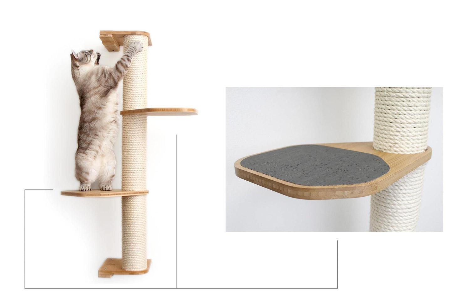 Wall Mounted Cat Climbing Pole - Sisal Natural Bamboo 3-Tier Leaf Shelf Charcoal Cork Pad Cat Scratcher Catastrophic Creations