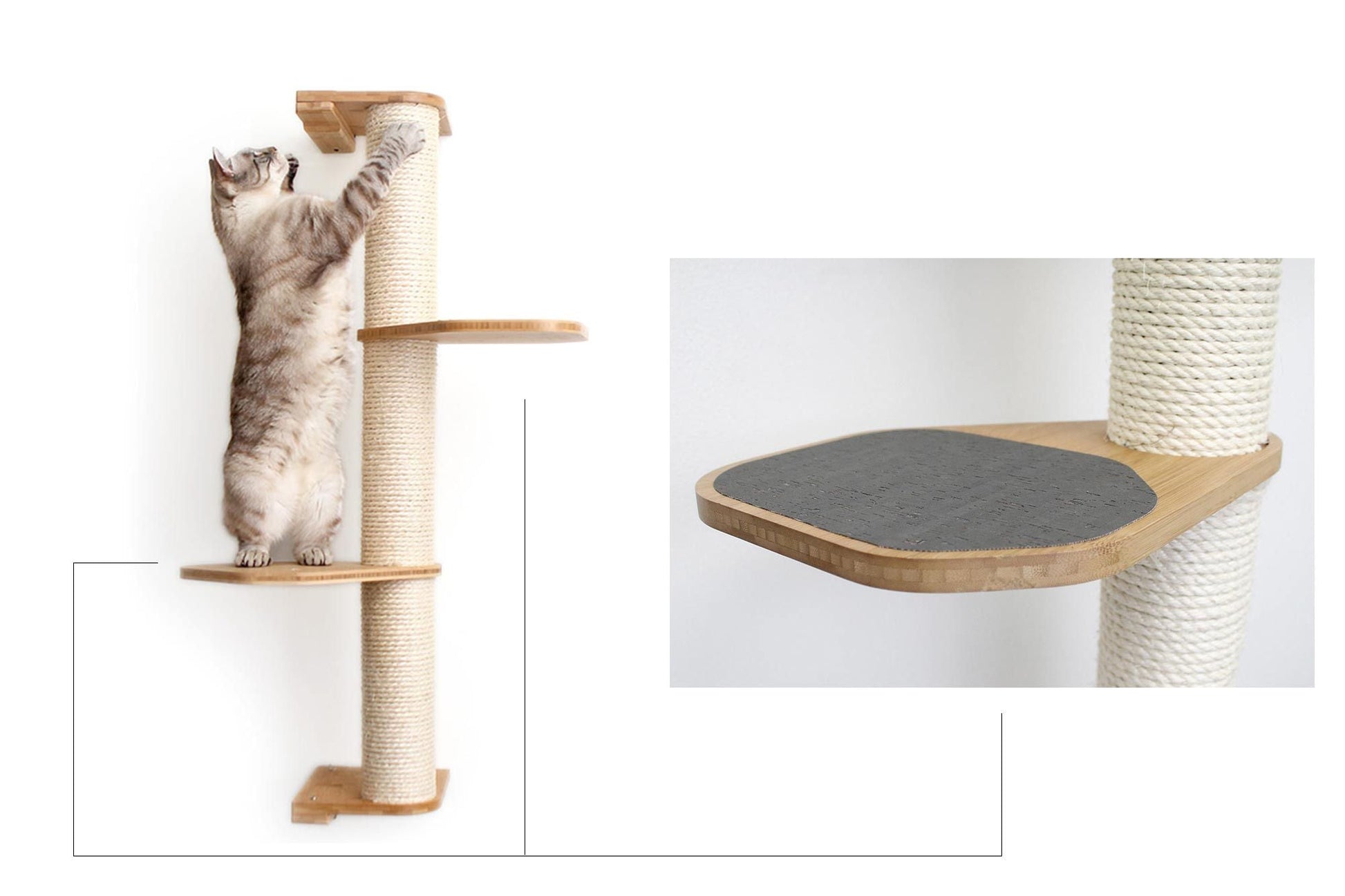 Wall Mounted Cat Climbing Pole - Sisal Natural Bamboo 3-Tier Leaf Shelf Charcoal Cork Pad Cat Scratcher Catastrophic Creations