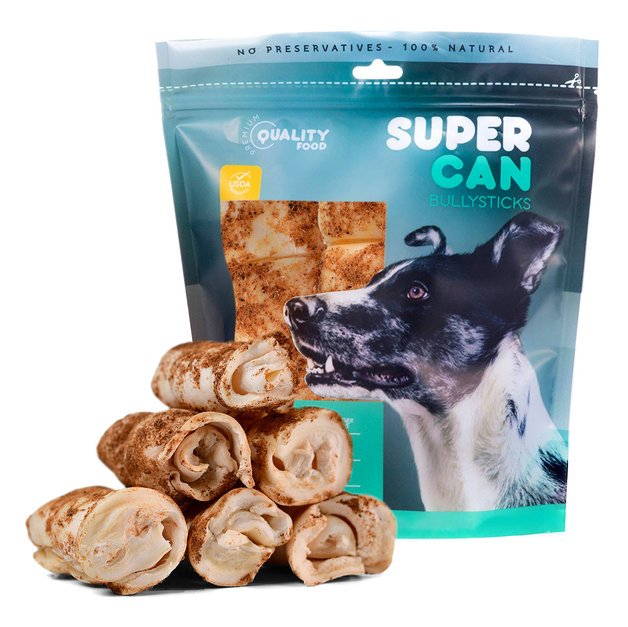 3"- 5" Liver Dusted Cheek Rolls 10 pcs bag Collagen Cheek Rolls Chews SuperCan Bully Sticks