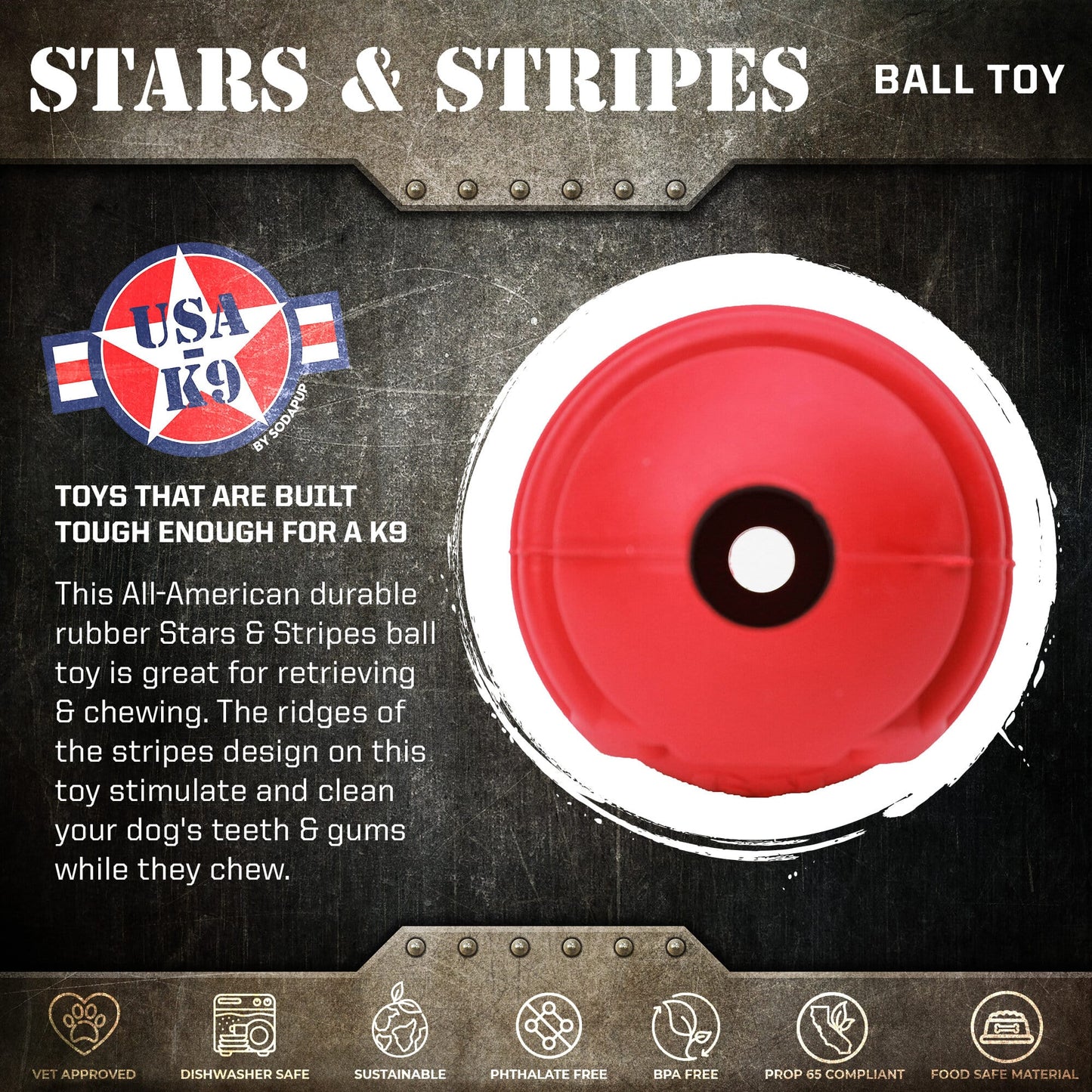 USA-K9 Stars and Stripes Ultra-Durable Rubber Chew Ball Rubber Dog Toys SodaPup/True Dogs, LLC