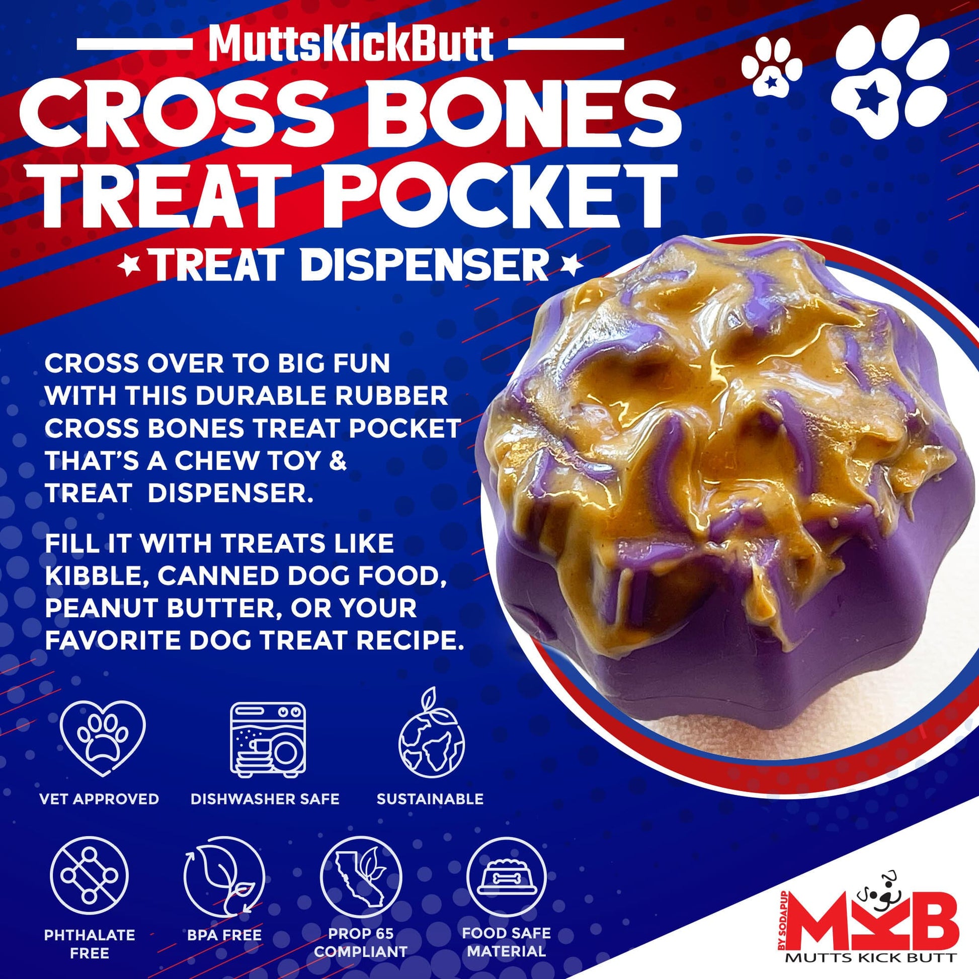 Cross Bones Chew Toy and Treat Pocket Rubber Dog Toys SodaPup/True Dogs, LLC