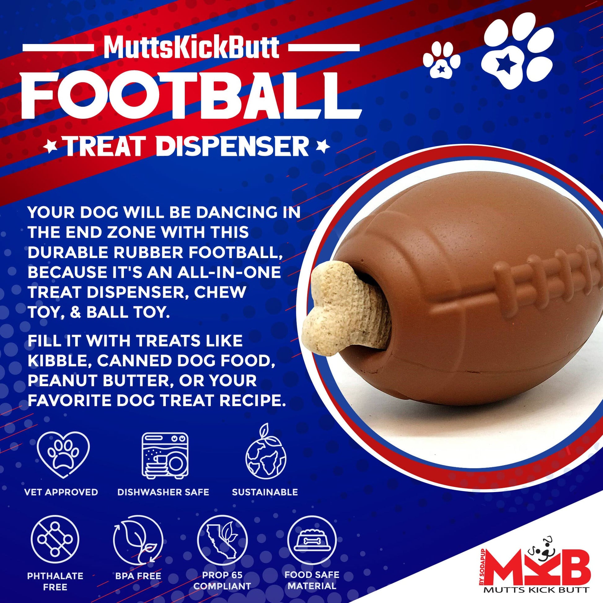 Football eDispenser Durable Rubber Chew Toy and Treat Dispenser Rubber Dog Toys SodaPup/True Dogs, LLC