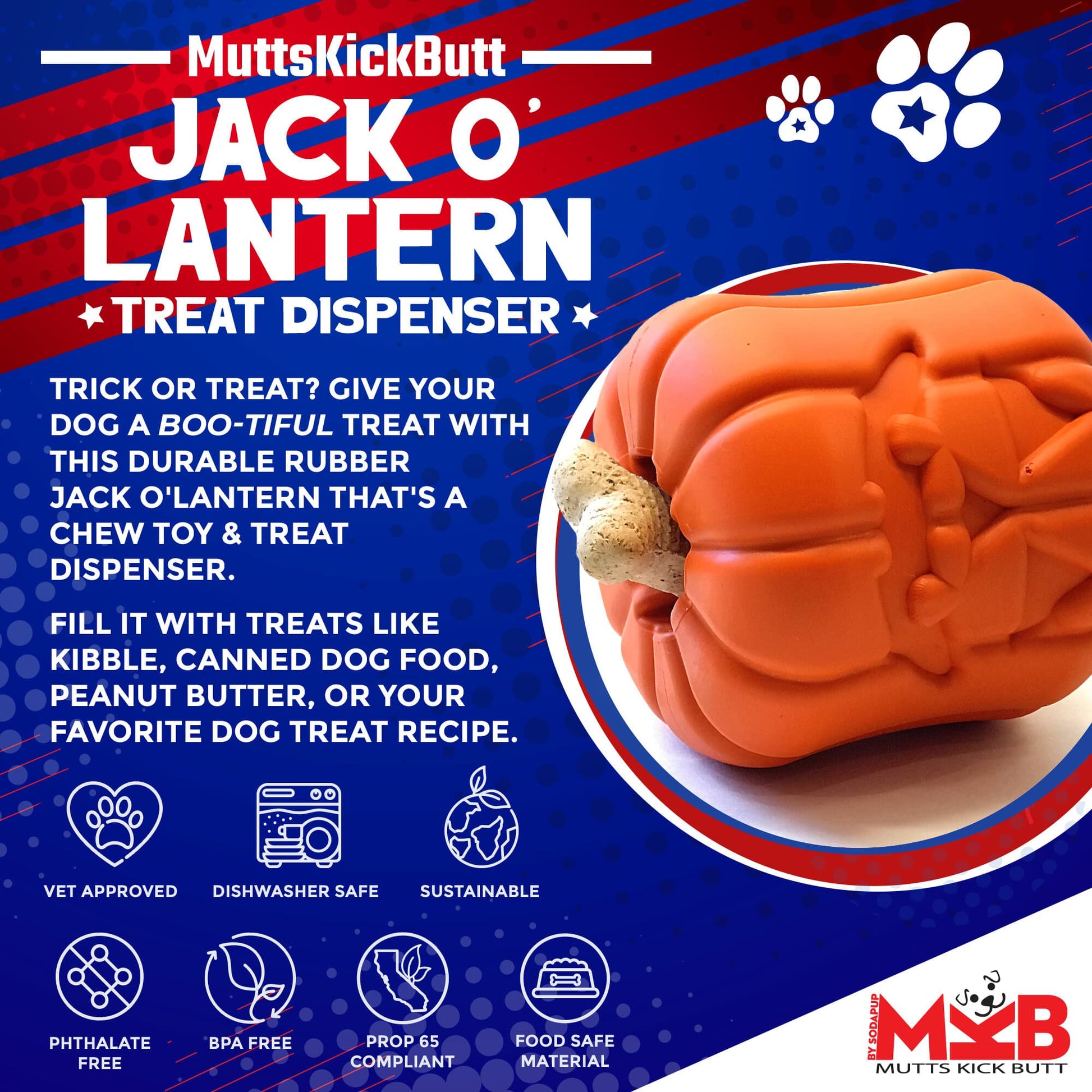 Jack O' Lantern Dog Toy - Durable Halloween Chew Toy for Large Dogs | USA Made Rubber Dog Toys SodaPup/True Dogs, LLC