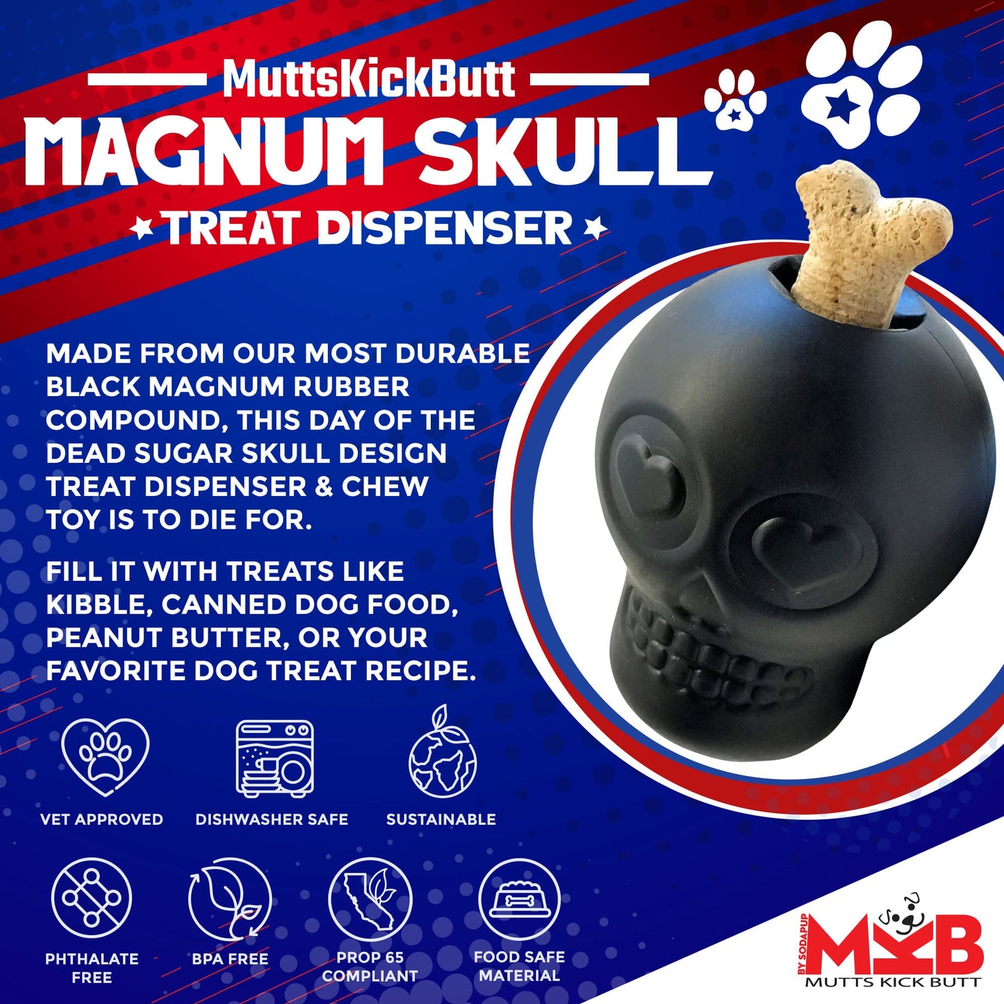 Magnum Sugar Skull Dog Chew Toy & Treat Dispenser - USA Made | SodaPup Rubber Dog Toys SodaPup/True Dogs, LLC