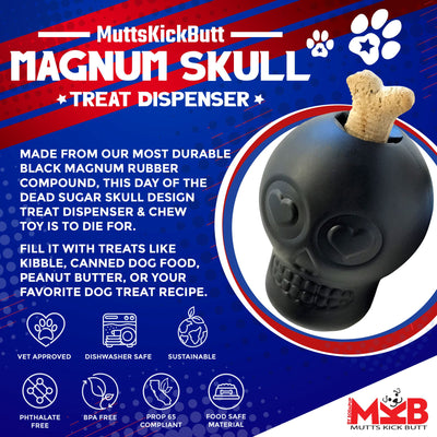 Magnum Sugar Skull eDispenser Ultra-Durable Chew Toy & Treat Dispenser - Black Rubber Dog Toys SodaPup/True Dogs, LLC