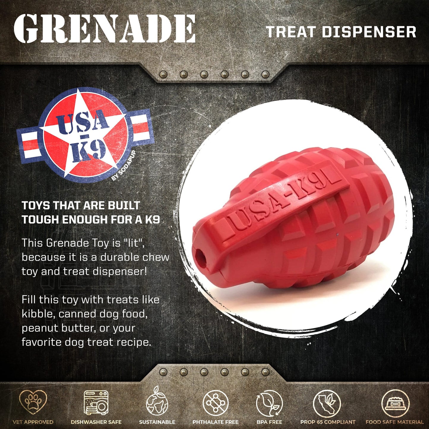 Grenade Shaped eDispenser Durable Dog Chew Toy & Treat Dispenser - Red & Blue Rubber Dog Toys SodaPup/True Dogs, LLC
