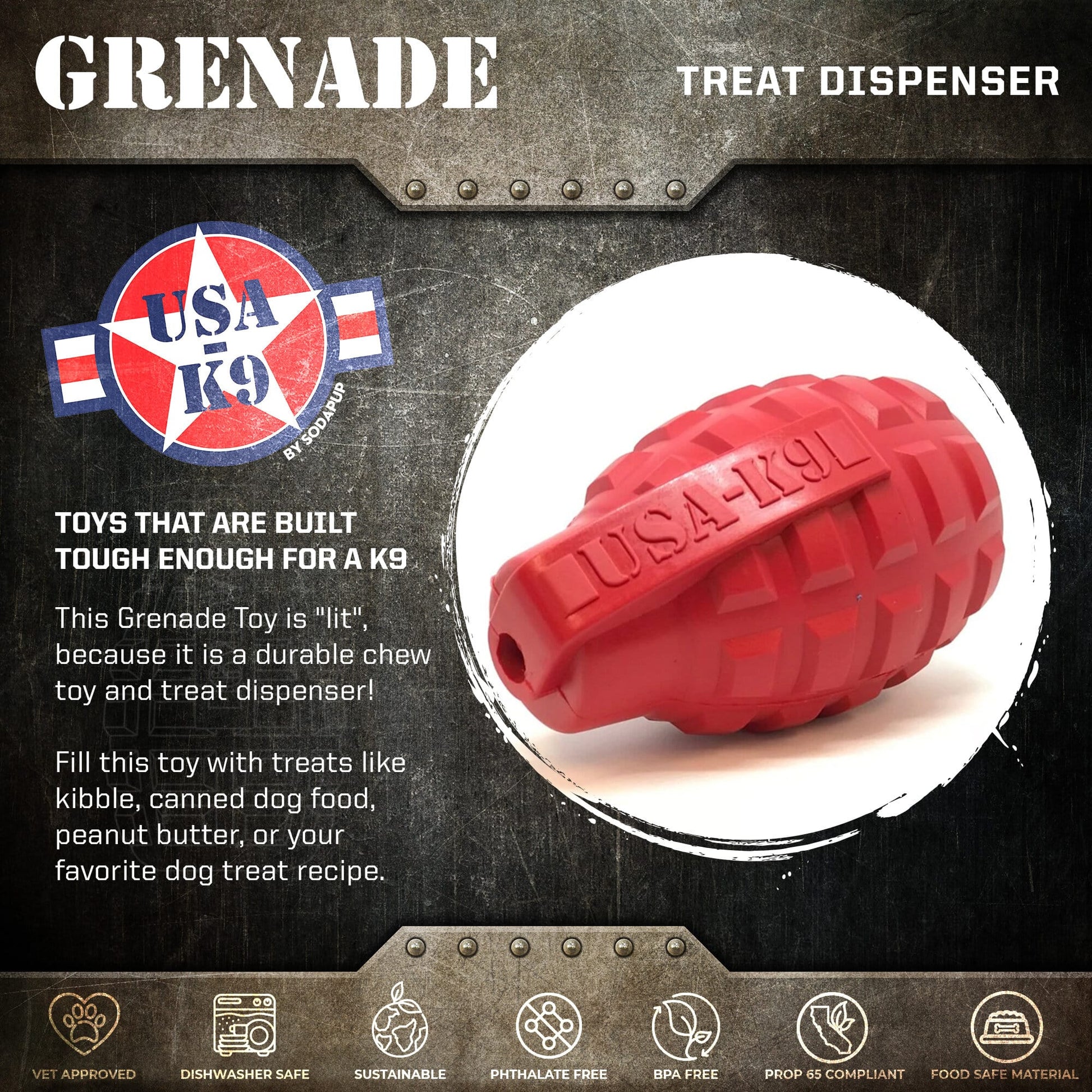 Grenade eDispenser Durable Dog Chew Toy & Treat Dispenser Rubber Dog Toys SodaPup/True Dogs, LLC