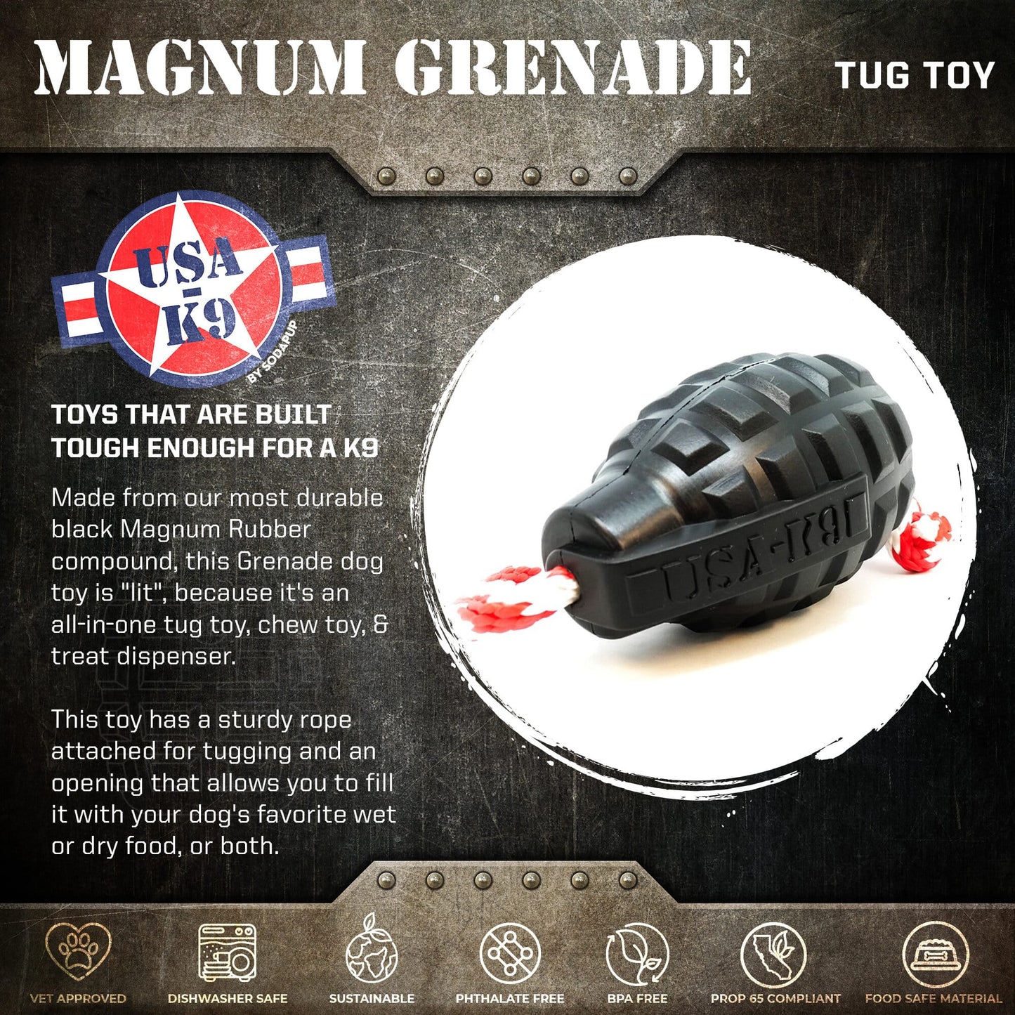 USA-K9 Magnum Grenade Durable Rubber Chew Toy, Treat Dispenser, Reward Toy, Tug Toy, and Retrieving Toy - Black Magnum Rubber Dog Toys SodaPup/True Dogs, LLC