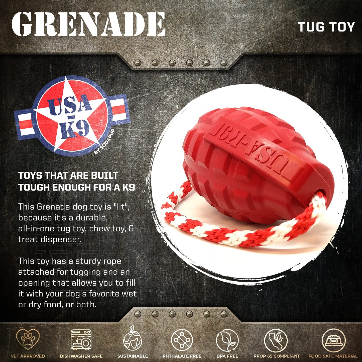 USA-K9 Grenade Durable Rubber Chew Toy, Treat Dispenser, Reward Toy, Tug Toy, and Retrieving Toy Rubber Dog Toys SodaPup/True Dogs, LLC