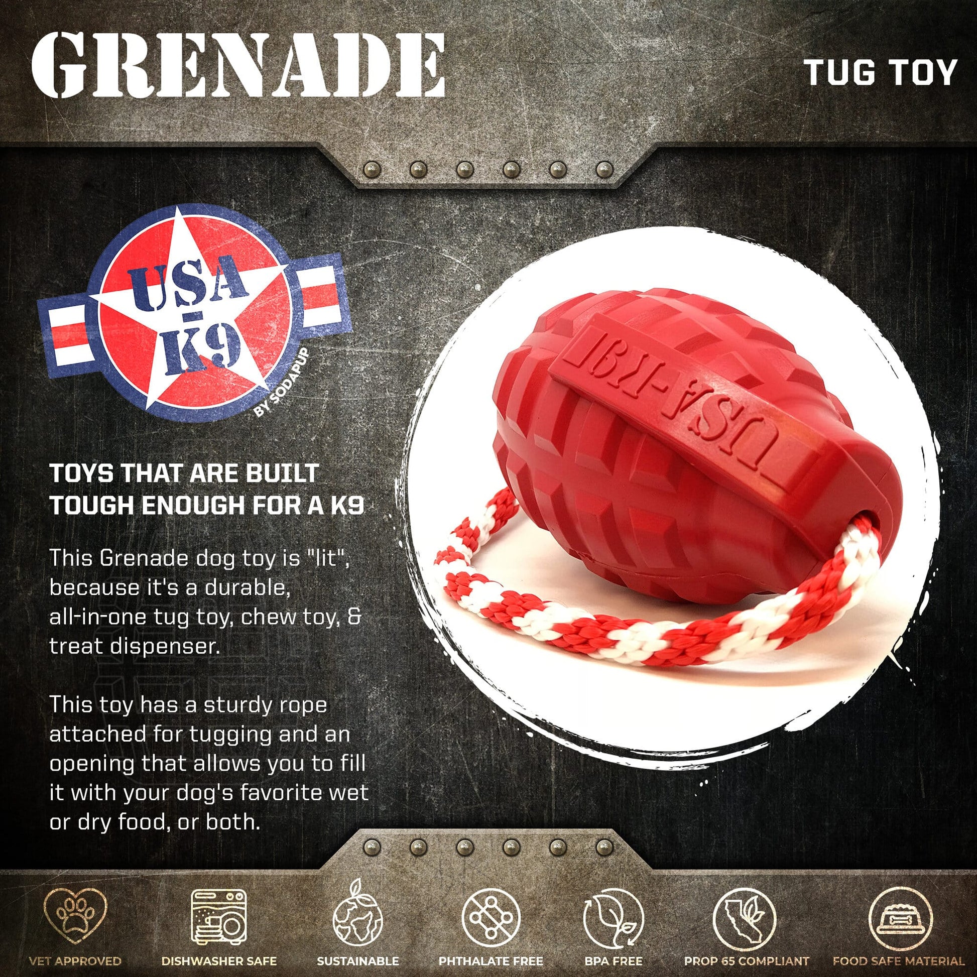 USA-K9 Grenade Durable Rubber Chew Toy, Treat Dispenser, Reward Toy, Tug Toy, and Retrieving Toy Rubber Dog Toys SodaPup/True Dogs, LLC