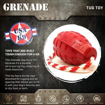 USA-K9 Grenade Durable Rubber Chew Toy, Treat Dispenser, Reward Toy, Tug Toy, and Retrieving Toy Rubber Dog Toys SodaPup/True Dogs, LLC
