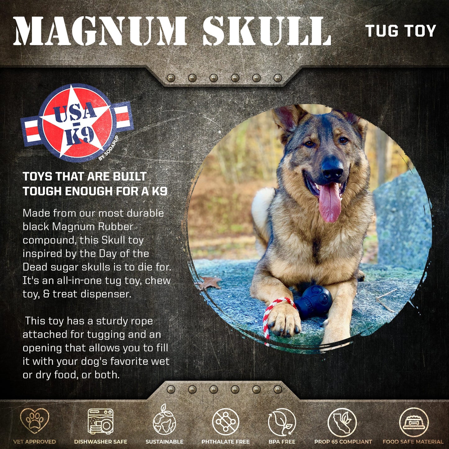 USA-K9 Magnum Skull Durable Rubber Chew Toy, Treat Dispenser, Reward Toy, Tug Toy, and Retrieving Toy - Black Magnum Rubber Dog Toys SodaPup/True Dogs, LLC
