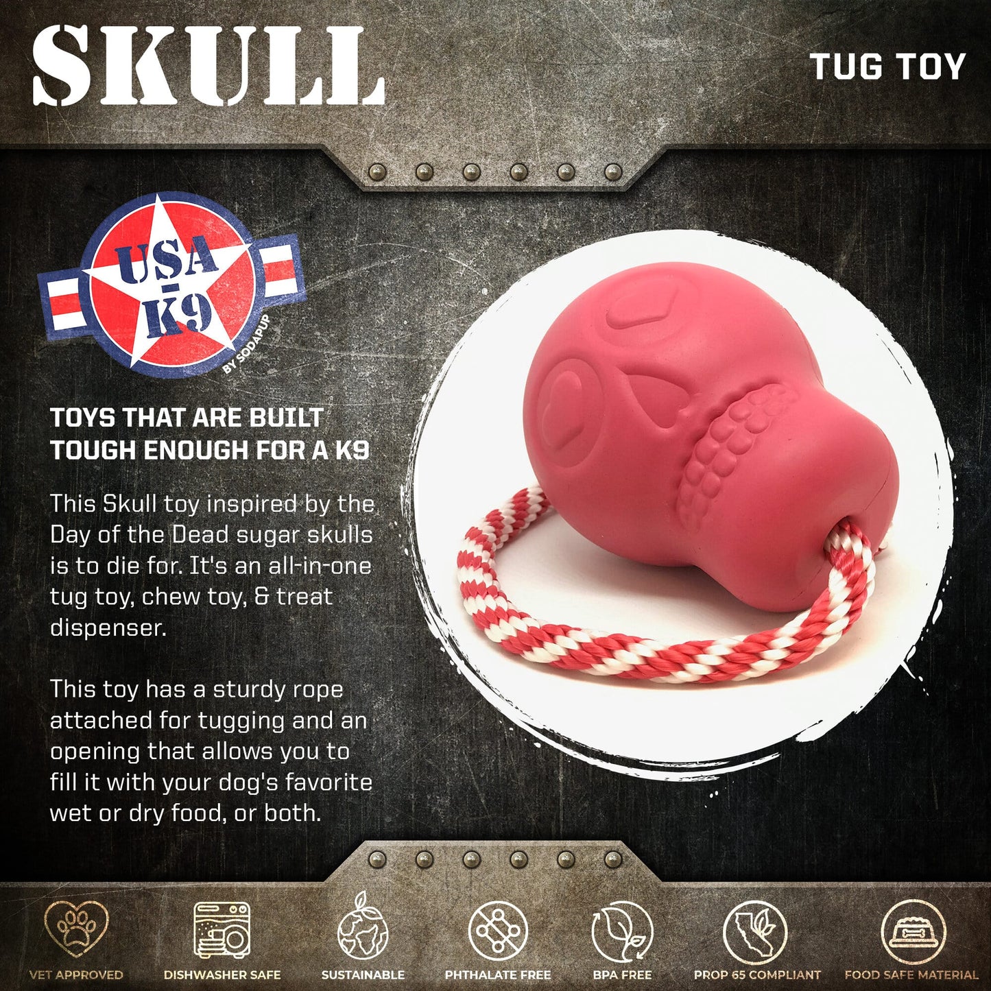 USA-K9 Skull Dog Chew Toy & Treat Dispenser - Made in USA | SodaPup Rubber Dog Toys SodaPup/True Dogs, LLC