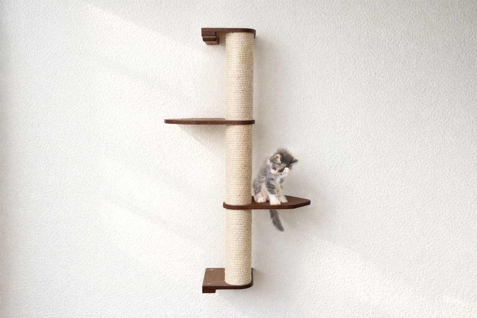 Wall Mounted Cat Climbing Pole - Sisal English Chestnut Bamboo 3-Tier Leaf Shelf No Cork Pad Cat Scratcher Catastrophic Creations