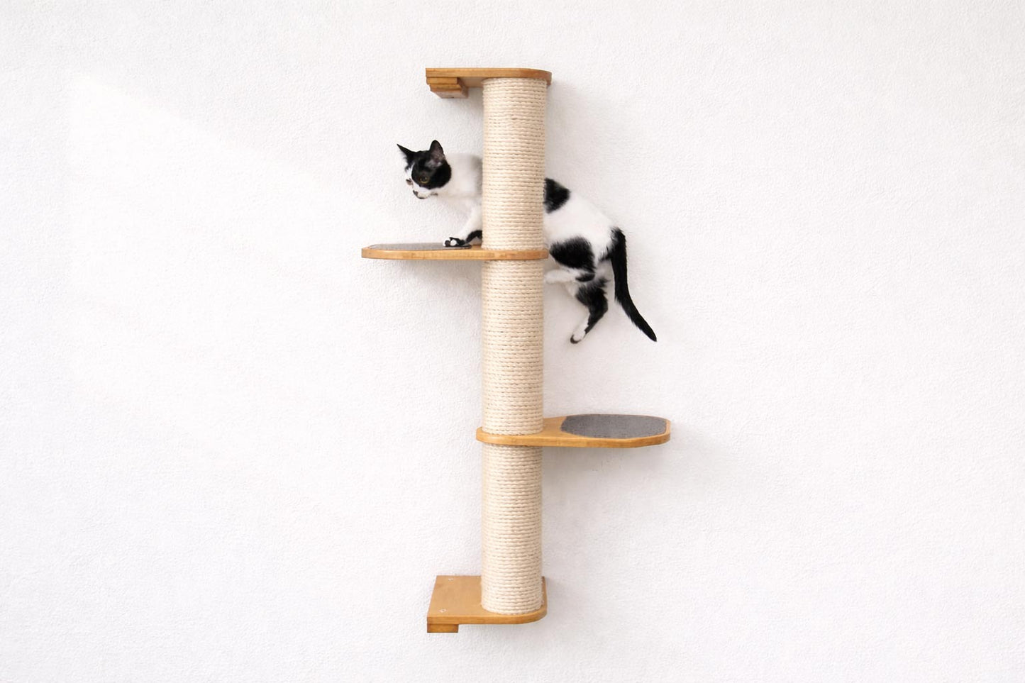 Wall Mounted Cat Climbing Pole - Sisal Natural Bamboo 3-Tier Leaf Shelf Charcoal Cork Pad Cat Scratcher Catastrophic Creations